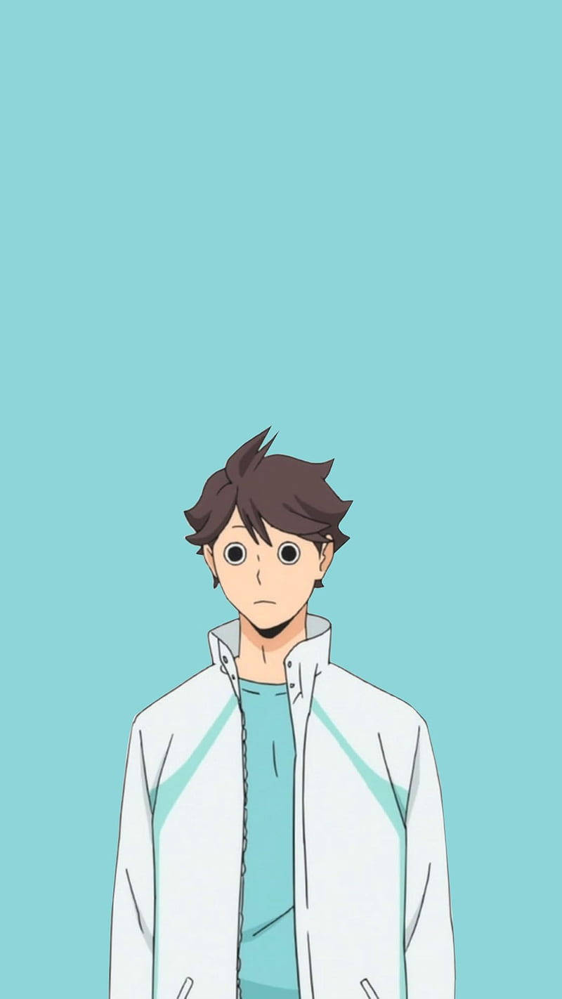 toru oikawa 桌布 壁紙 — 一個年輕的動漫男孩，棕色頭髮，大眼睛，站在純青色背景前，穿著帶有青色條紋的白色夾克。
