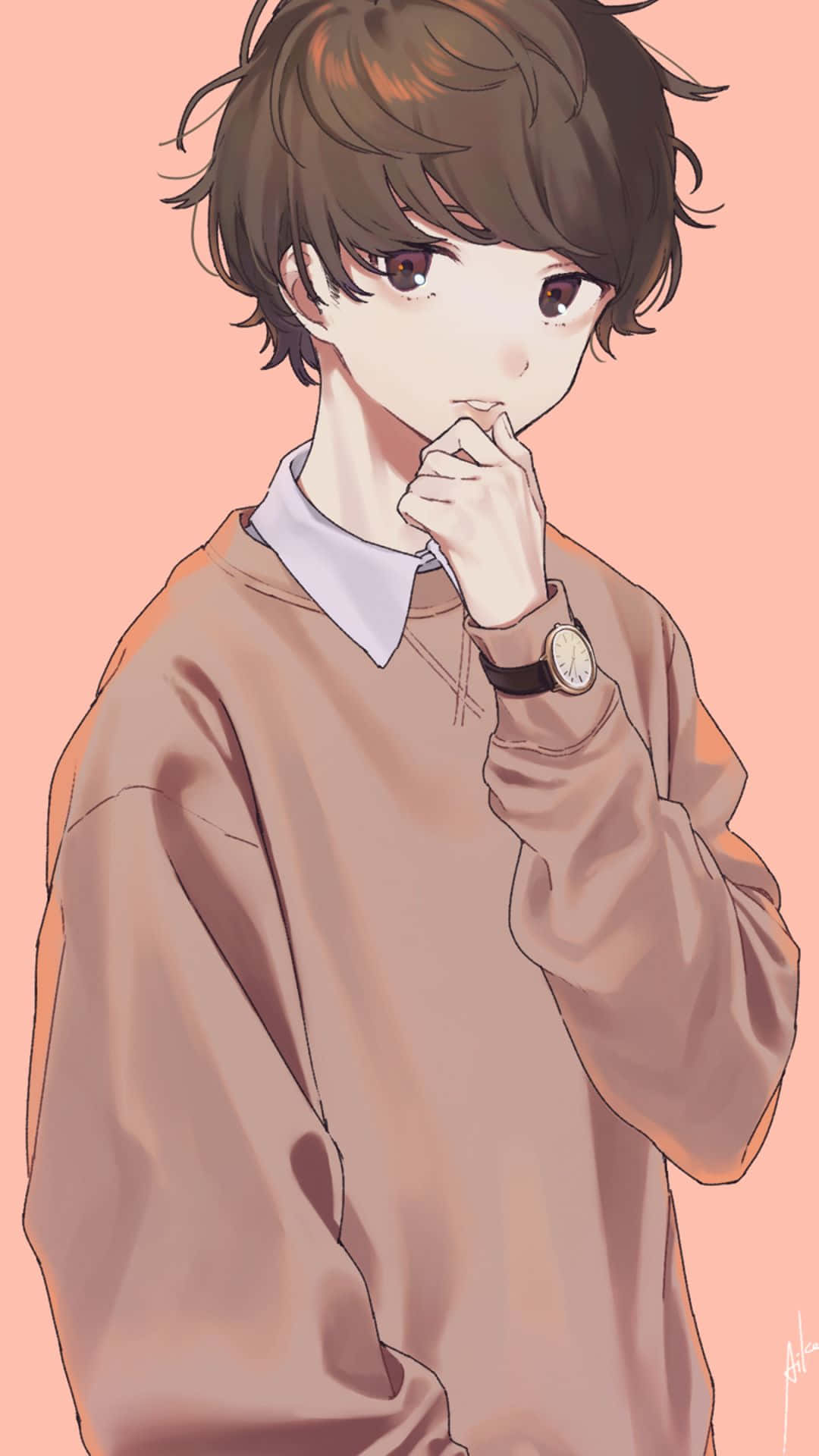Cute Anime Boys 桌布 壁紙 — 一個年輕的動漫男孩，棕色頭髮，眼神若有所思，在柔和的粉紅色背景上托腮。
