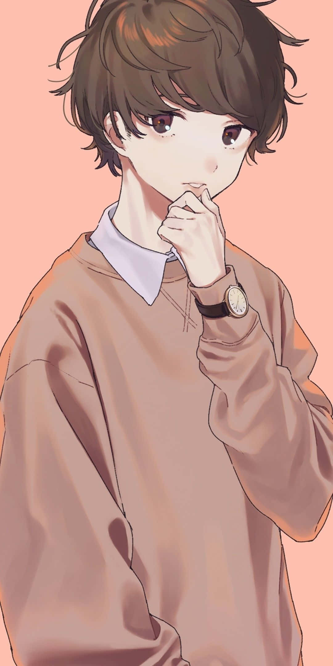 桌布 壁紙 — 一個年輕的動漫男孩，棕色頭髮，眼神若有所思，在柔和的粉紅色背景上用手托著下巴。