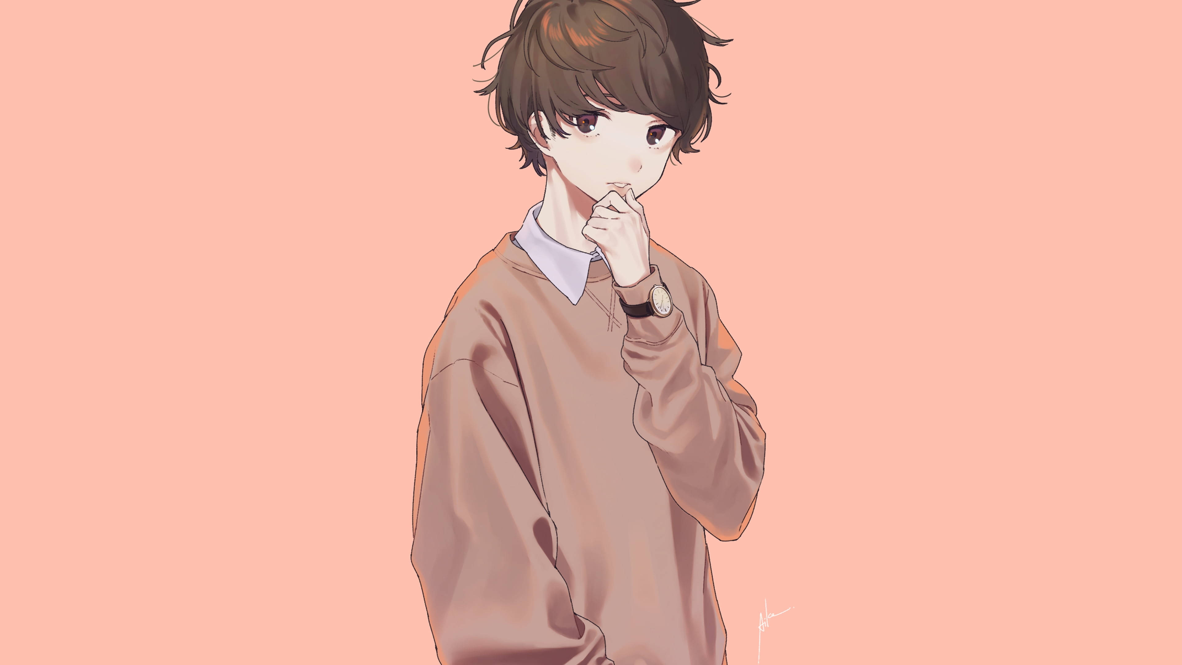 Cute Anime Boy 桌布 壁紙 — 一個年輕的動漫男孩，棕色頭髮，眼神若有所思，手托下巴，背景是柔和的桃色。