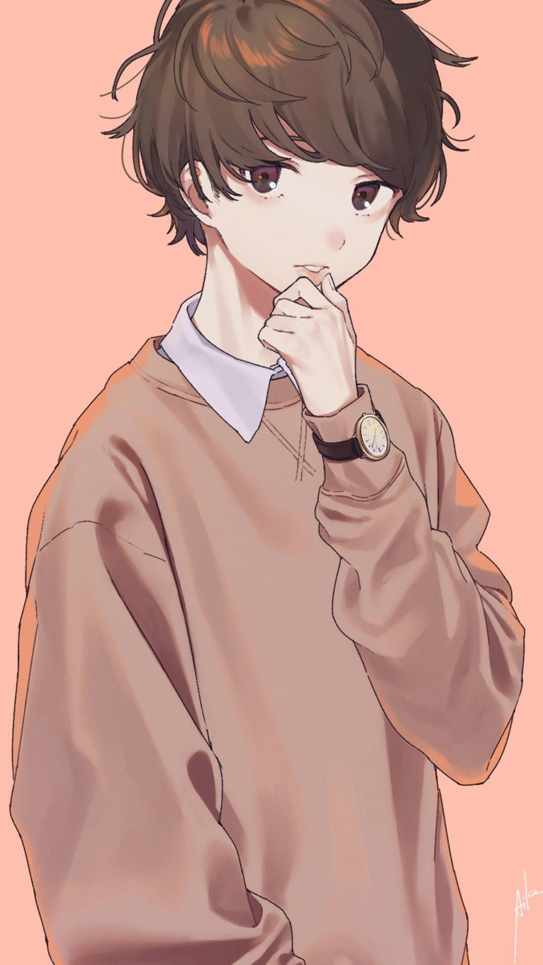 Cartoon Boy 桌布 壁紙 — 一個年輕的動漫男孩，棕色頭髮，眼神若有所思，手托下巴，背景是柔和的桃色。
