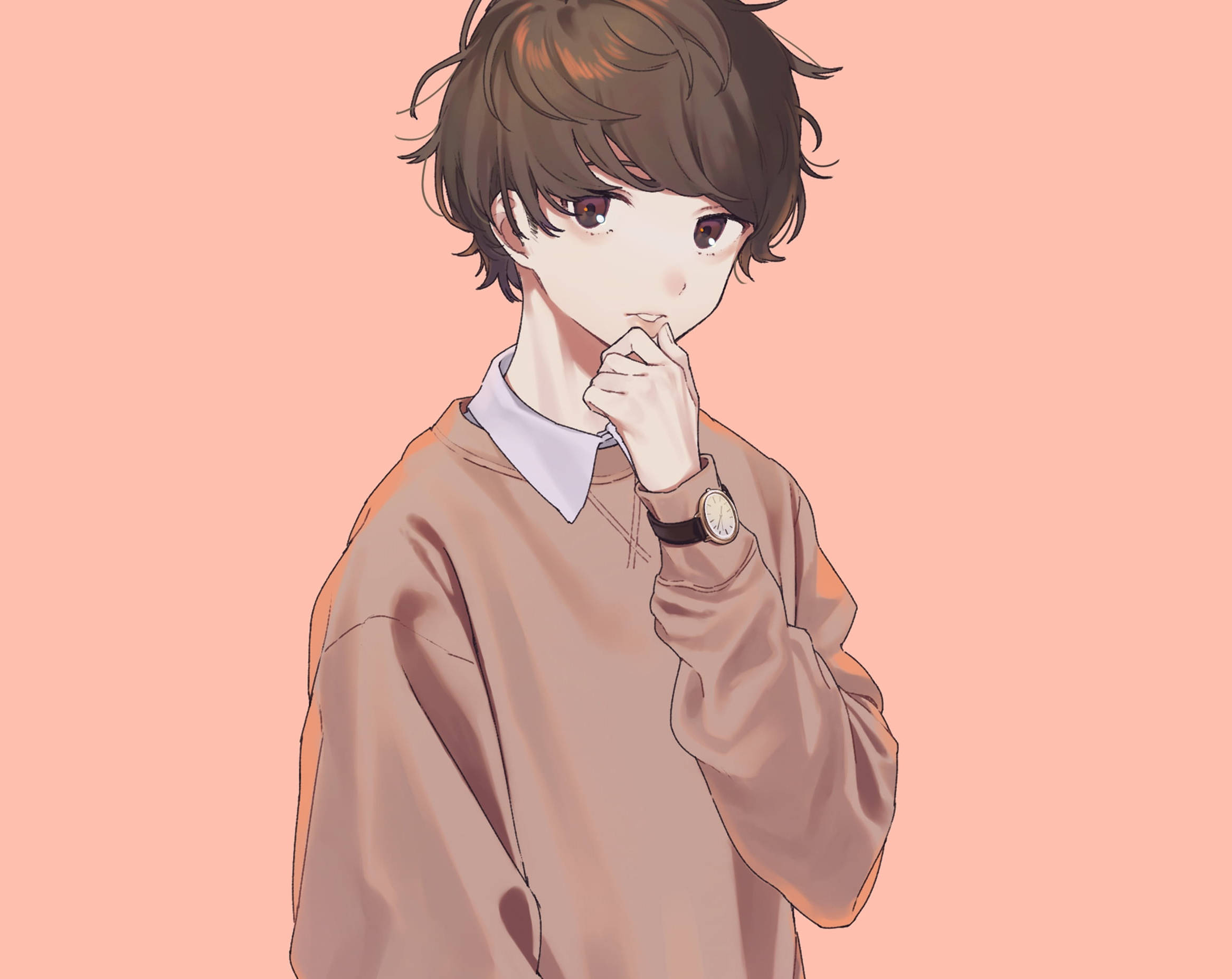 icon 桌布 壁紙 — 一個年輕的動漫男孩，棕色頭髮，眼神若有所思，在柔和的桃色背景上用手托著下巴。