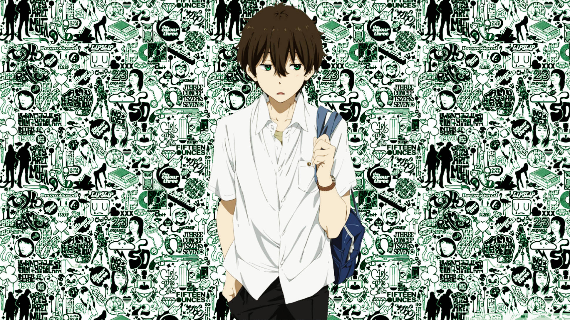 折木奉太郎 桌布 壁紙 — 一個年輕的動漫男孩，棕色頭髮，綠色眼睛，平靜地站在一個充滿重複符號和文字的混亂綠色和黑色圖案背景前。