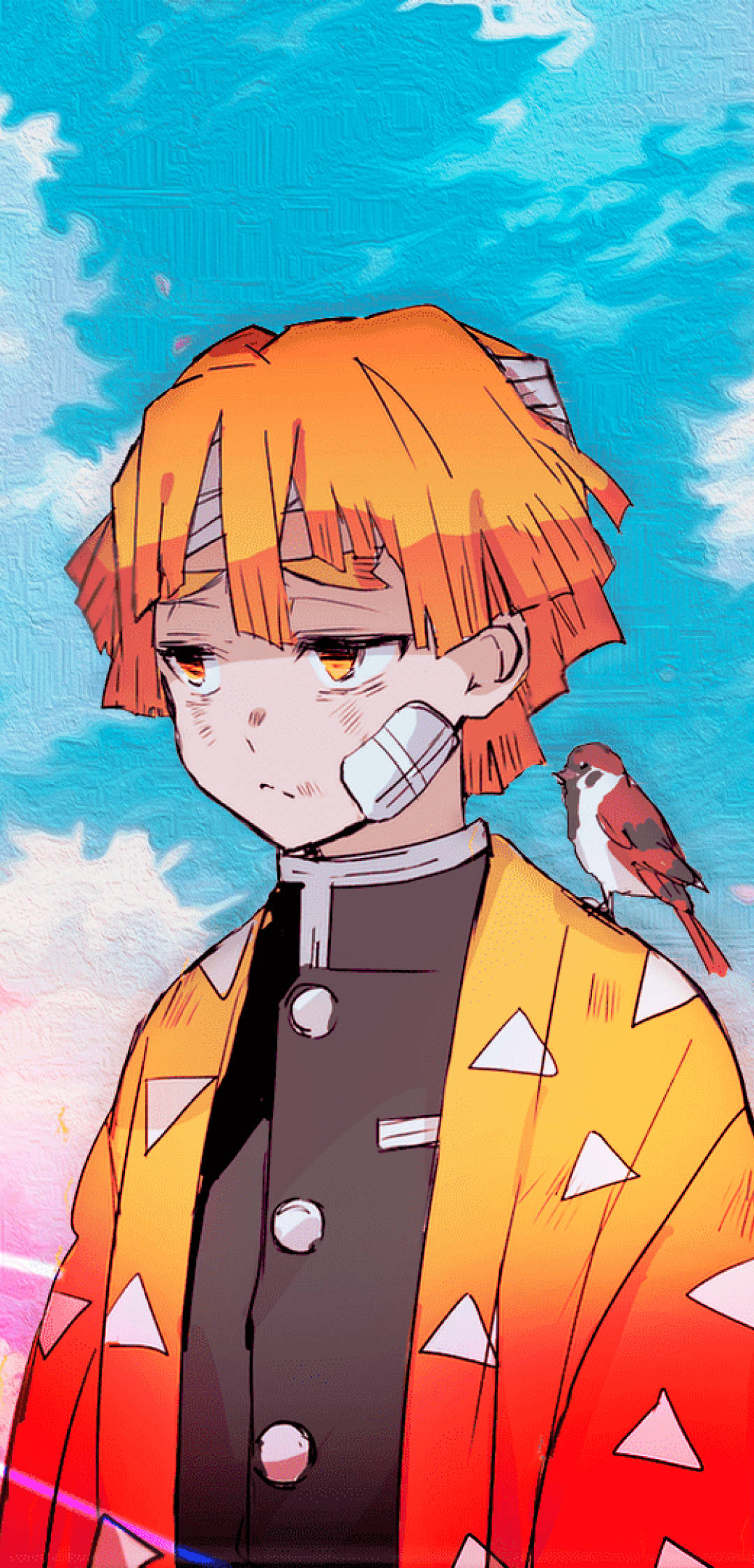 Zenitsu Pfp 桌布 壁紙 — 一個年輕的動漫男孩，橙色頭髮，嘴巴纏著繃帶，穿著紅黃相間的和服，一隻小鳥棲息在他的肩膀上，背景是明亮的藍天。