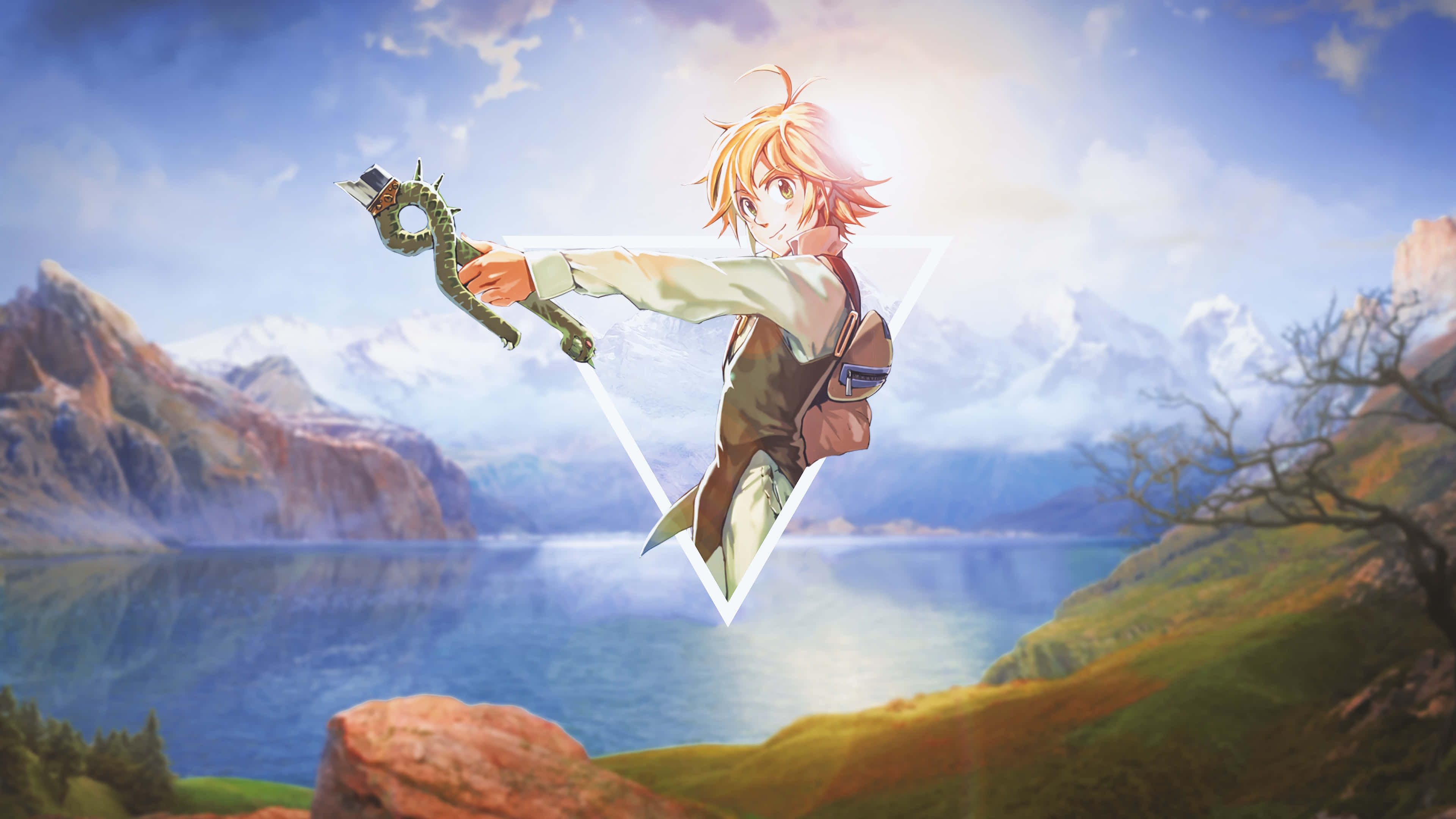 Seven Deadly Sins 4K 桌布 壁紙 — 一個年輕的動漫男孩，橙色頭髮，在明亮的天空下，以雪山和寧靜的湖泊為背景，拿著一條綠蛇。
