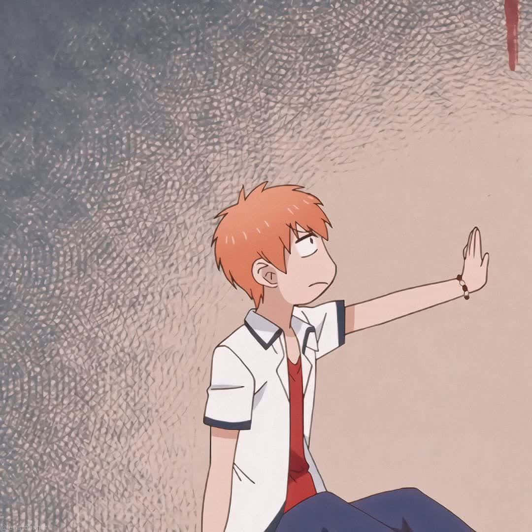 動漫男孩 桌布 壁紙 — 一個年輕的動漫男孩，橙色頭髮，靠著紋理牆壁坐著，伸手朝向從上方落下的一滴紅色水滴。
