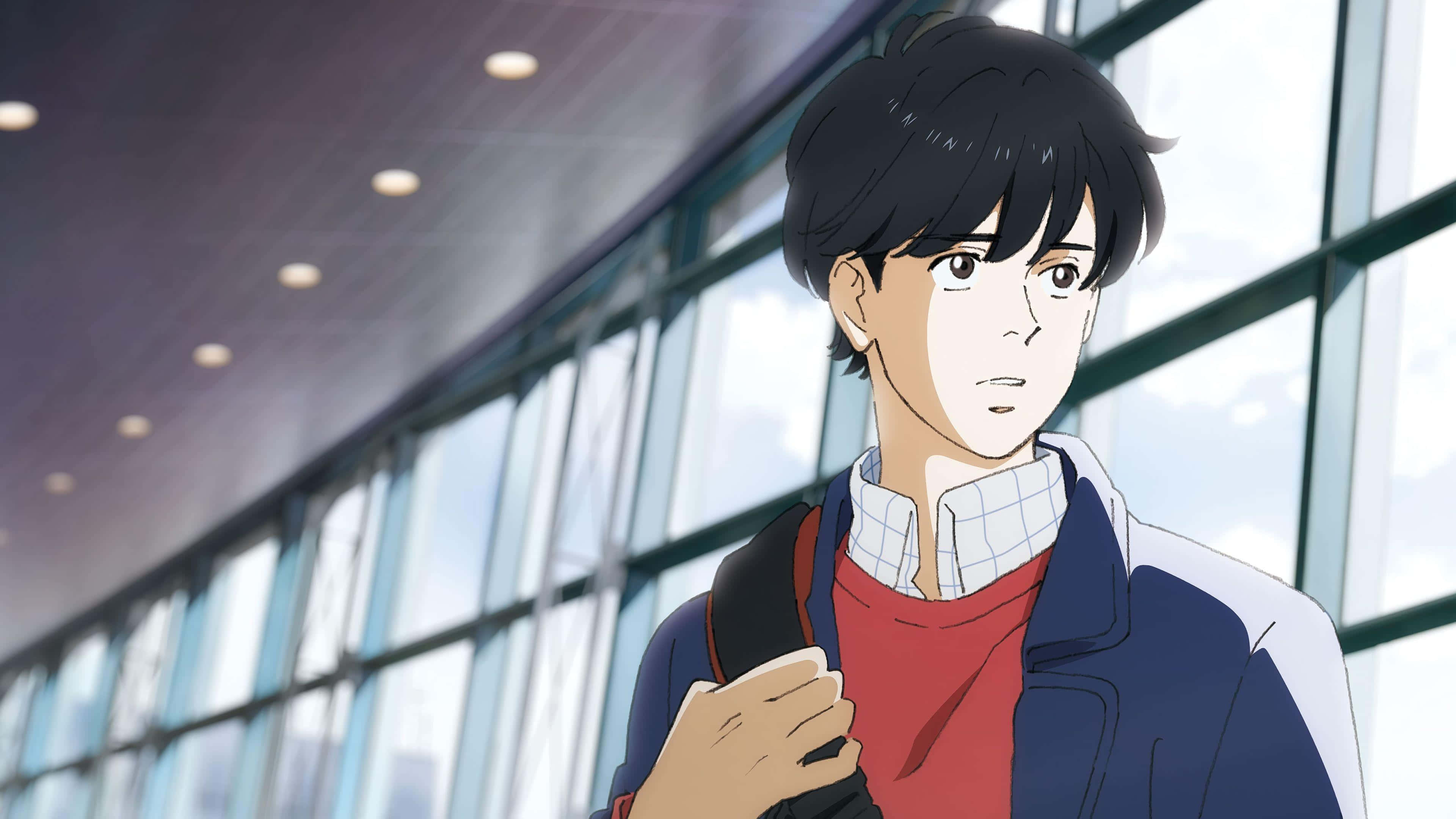 Banana Fish 桌布 壁紙 — 一個年輕的動漫男孩，深色頭髮，穿著紅色襯衫，站在現代玻璃走廊裡，背著背包。
