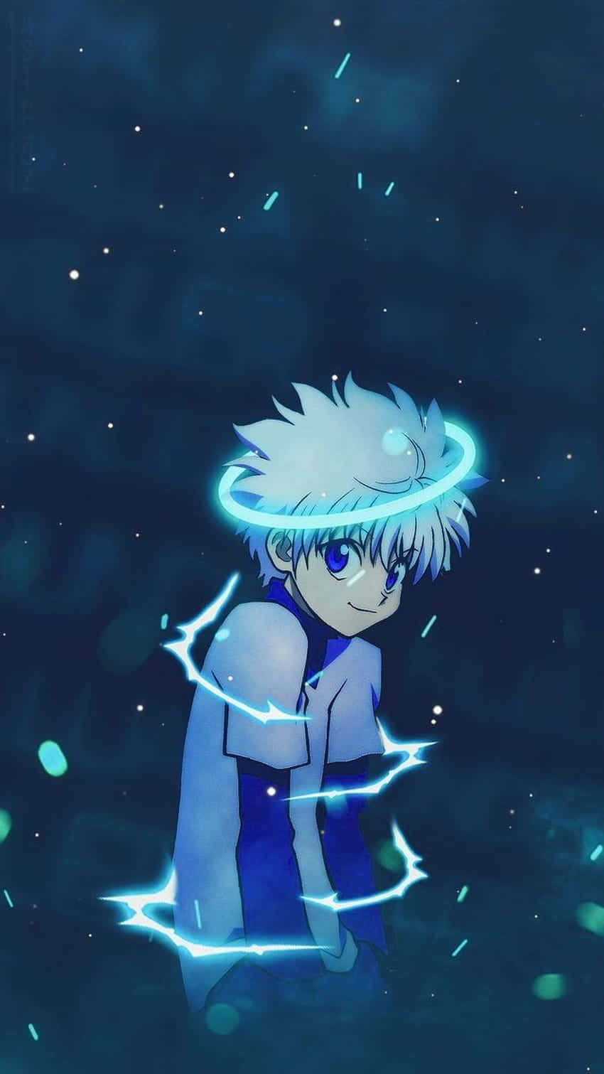Cool Anime Blue 桌布 壁紙 — 一個年輕的動漫男孩，白髮藍眼，在繁星點點的深藍色背景上散發著電光藍色的能量。