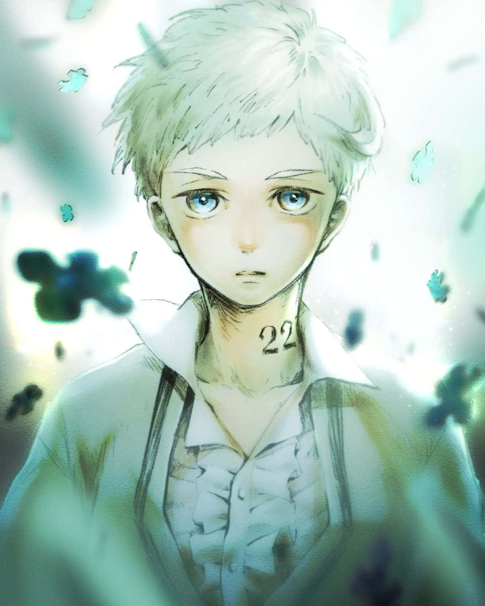 The Promised Neverland Norman 桌布 壁紙 — 一個年輕的動漫男孩，白髮藍眼，頸上有22號刺青，在漂浮的綠色碎片中凝視前方。
