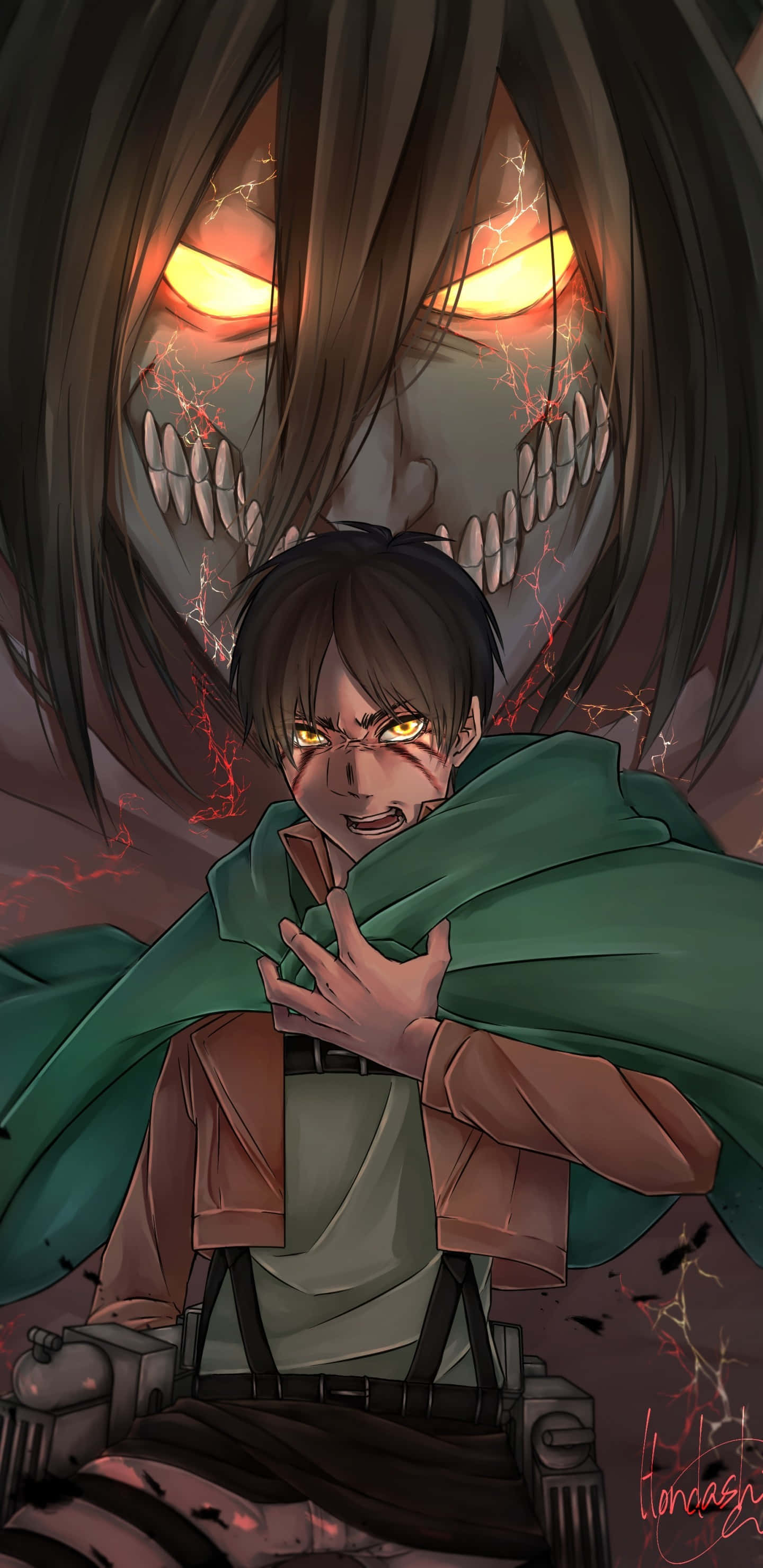 Attack On Titan Titan Eren 桌布 壁紙 — 一個年輕的動漫男孩，眼睛發出黃色光芒，緊抓著綠色斗篷，身後有一個眼睛如火炬般的巨大泰坦若隱若現。