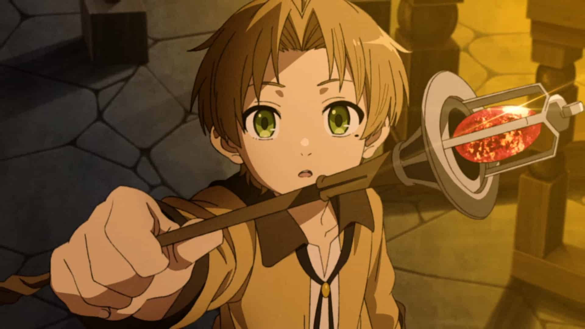 Mushoku Tensei 桌布 壁紙 — 一個年輕的動漫男孩，綠色眼睛，在石牆地牢中拿著發光的紅色尖端武器。
