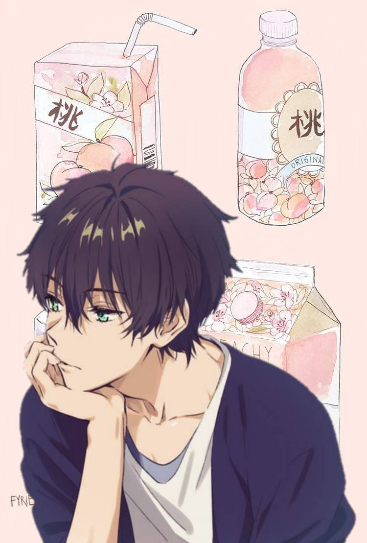 美學 桌布 壁紙 — 一個年輕的動漫男孩，綠色眼睛，深色頭髮，將下巴擱在手上，旁邊有蜜桃味飲料。