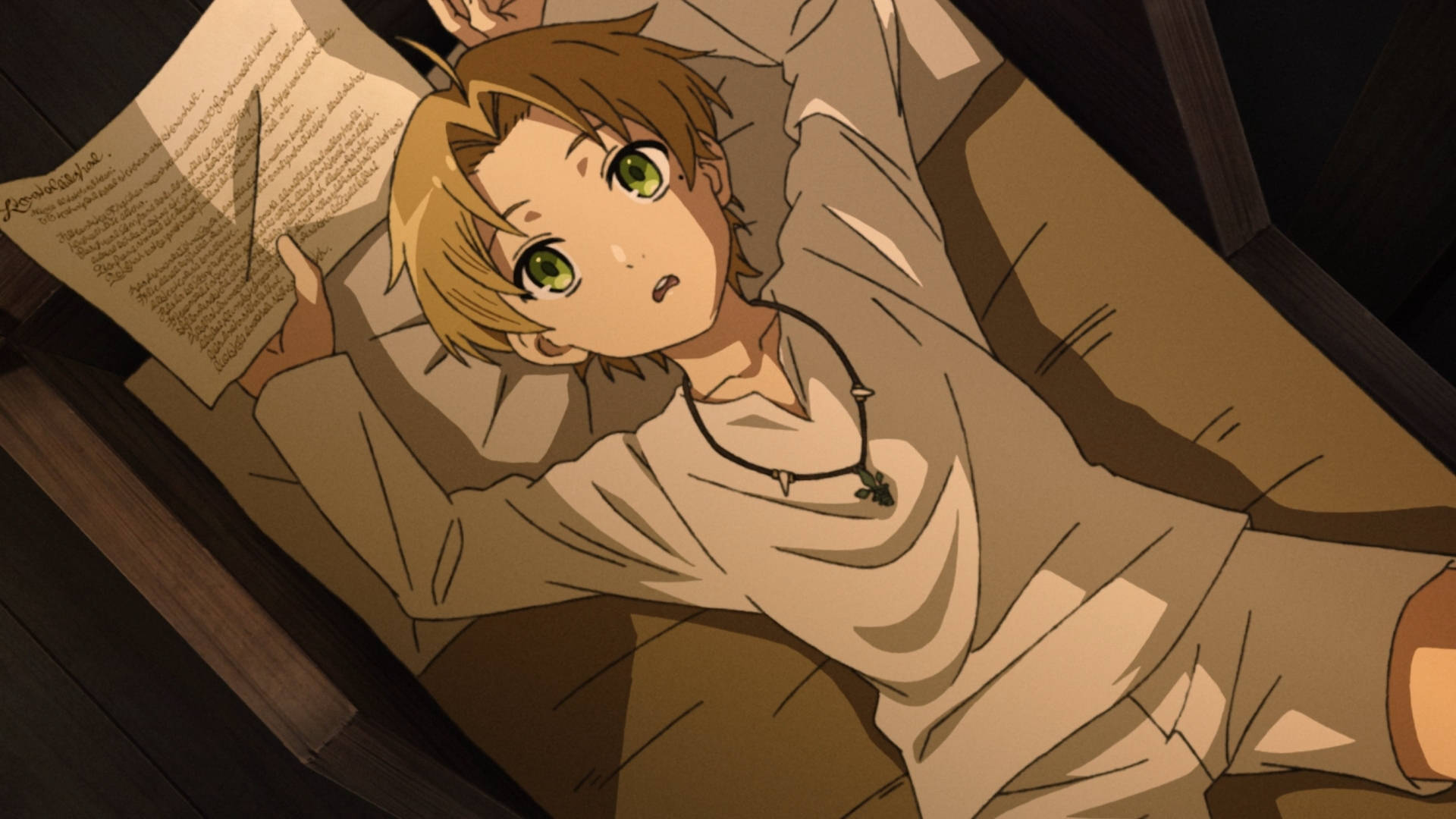 Mushoku Tensei 桌布 壁紙 — 一個年輕的動漫男孩，綠色眼睛，躺在木地板上，手持卷軸，沐浴在溫暖的金色光芒中。