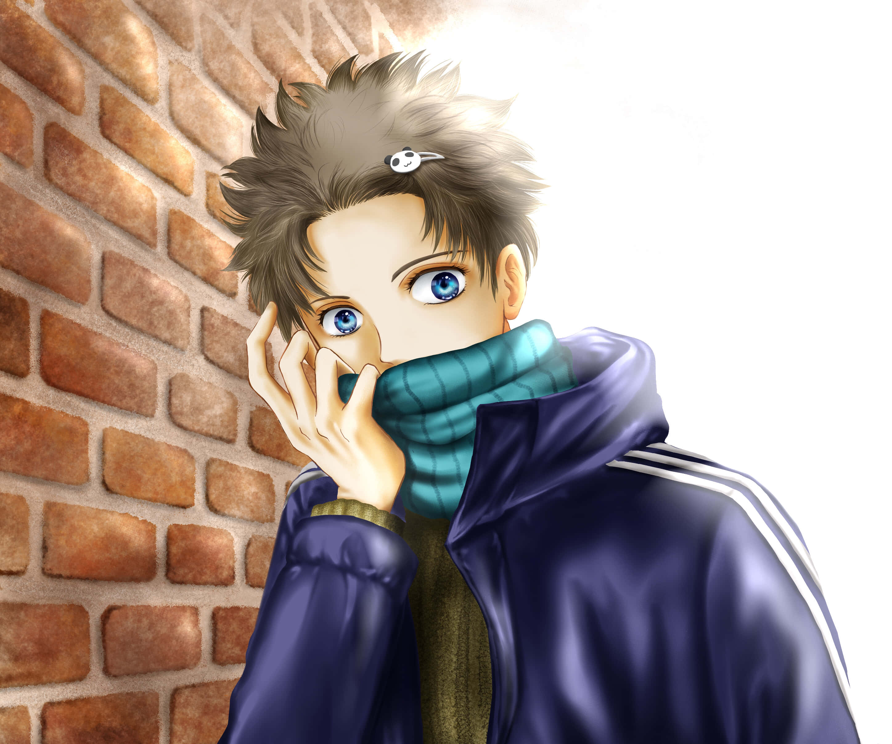 桌布 壁紙 — 一個年輕的動漫男孩，藍色眼睛，頭髮豎起，靠著磚牆，穿著藍色外套和青綠色圍巾。
