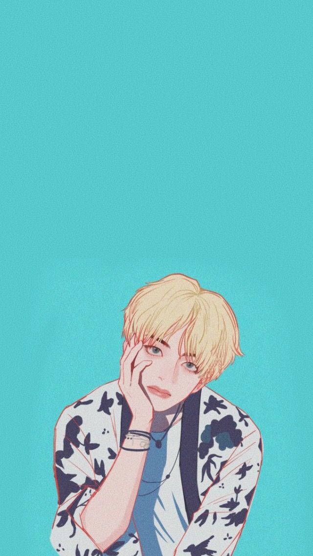 動漫男孩，金髮，穿著花卉襯衫，手托下巴，背景為青色。 — BTS 卡通 GIF 壁紙