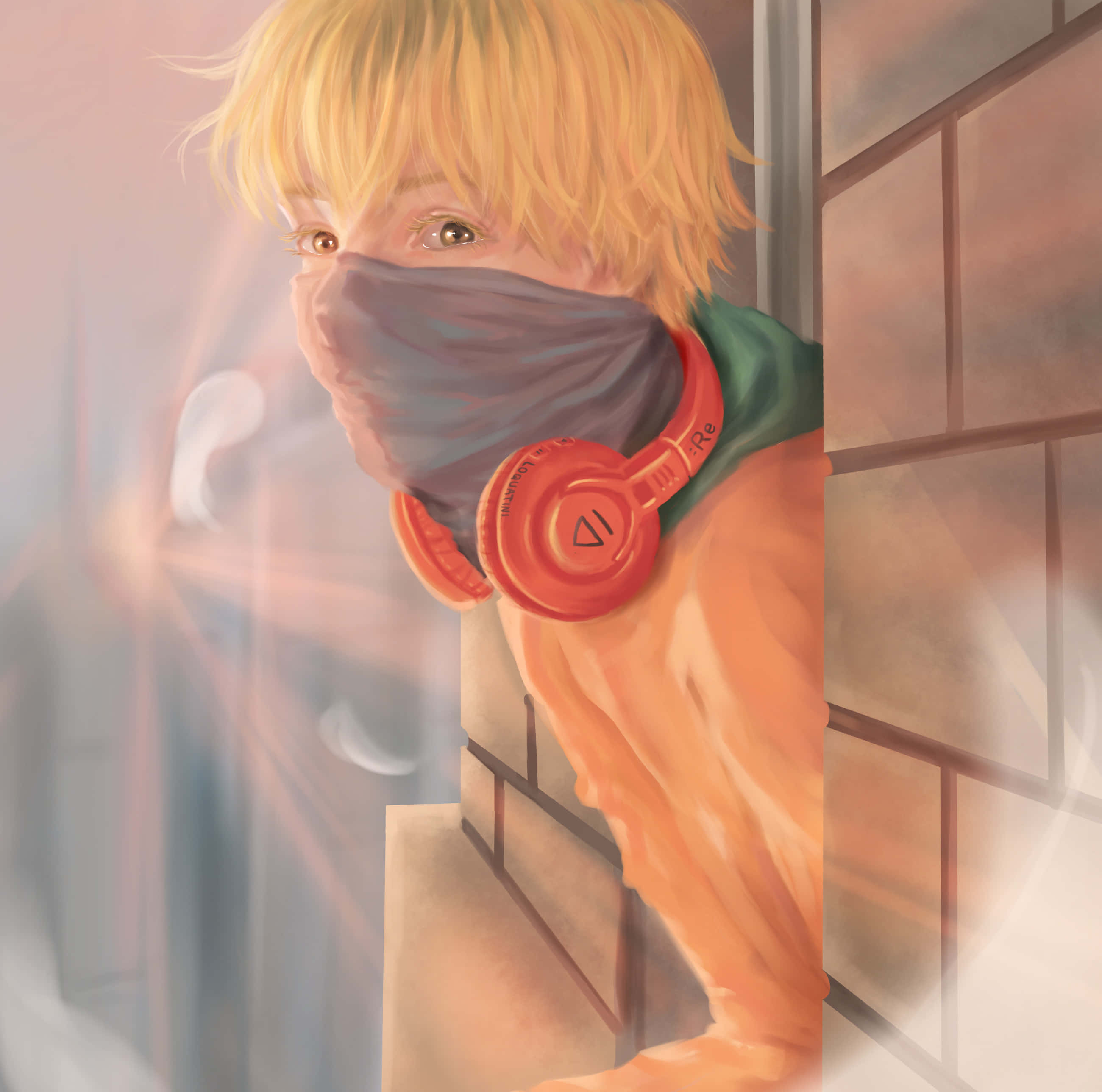 Hideyoshi Nagachika 桌布 壁紙 — 一個年輕的動漫男孩，金髮和紅色耳機，在柔和溫暖的光線中從磚牆後面探出頭來。