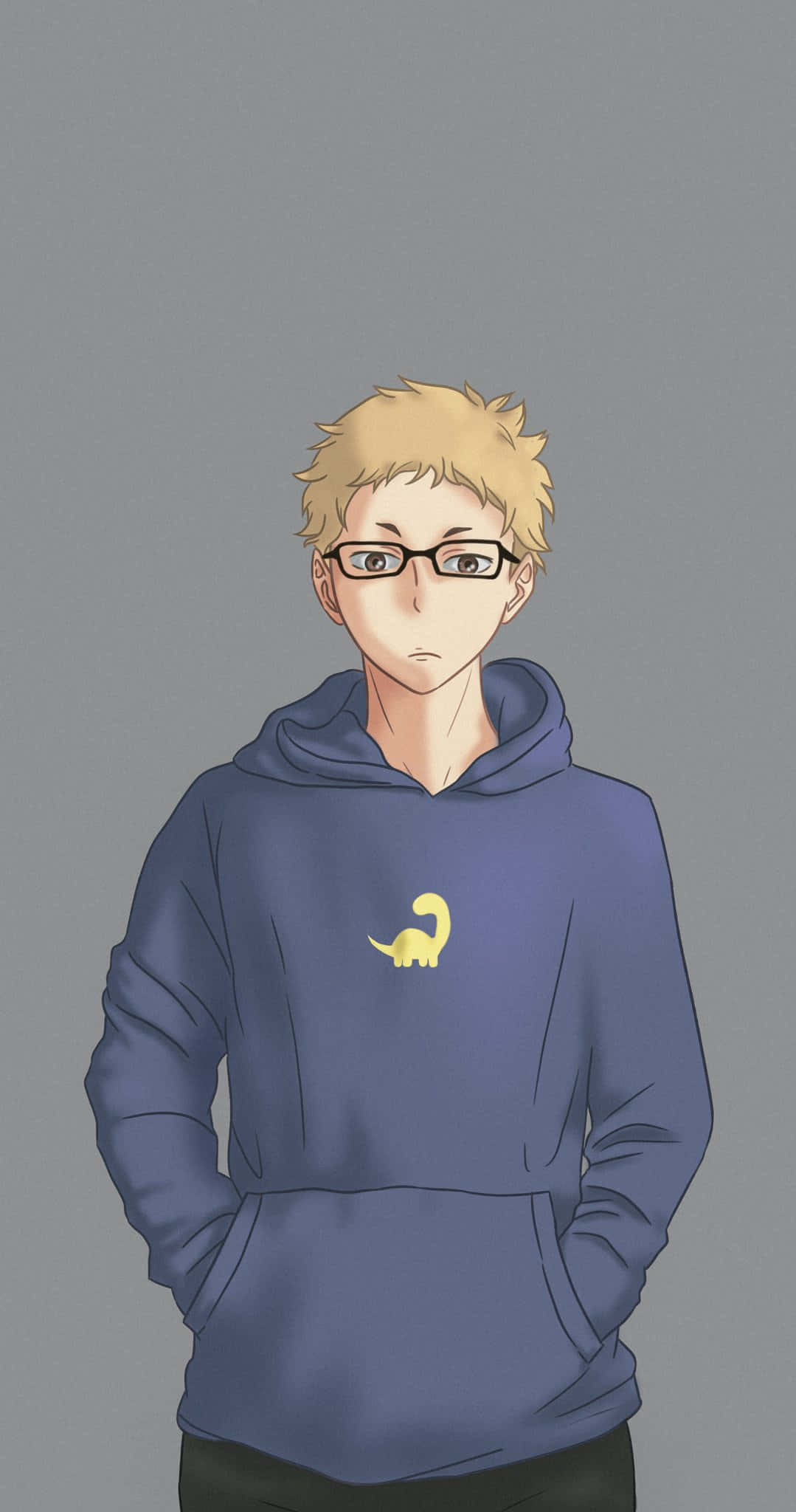 Haikyuu Fan Art 桌布 壁紙 — 一個年輕的動漫男孩，金髮戴眼鏡，穿著帶有黃色恐龍標誌的藍色連帽衫，站在純灰色背景前。