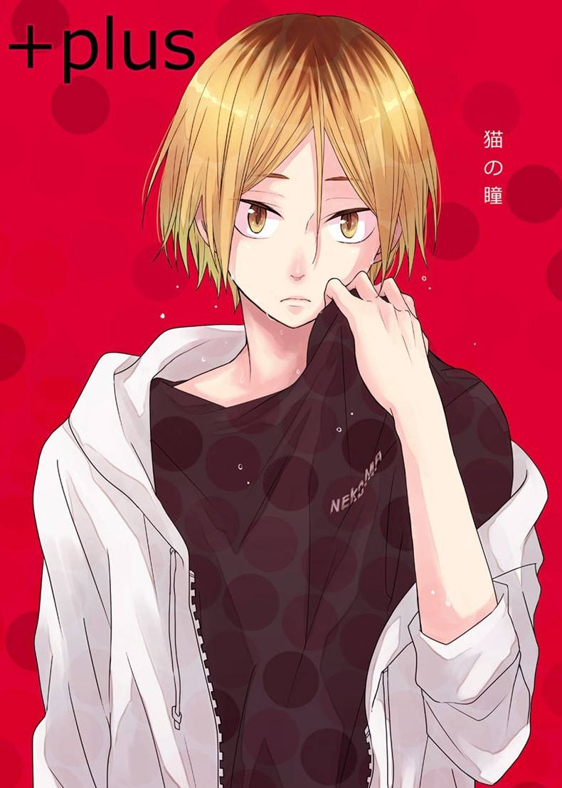 Kenma Kozume 桌布 壁紙 — 一個年輕的動漫男孩，金髮貓眼，下巴觸碰著充滿活力的紅色圓點背景。