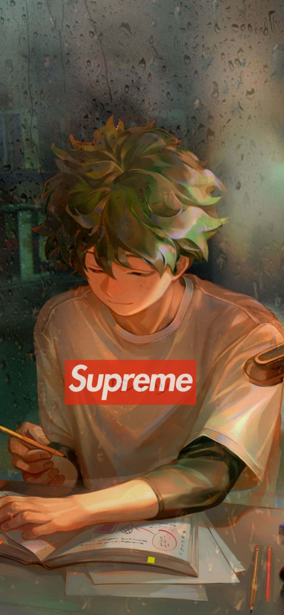 動漫 桌布 壁紙 — 一個年輕的動漫男孩，頭髮亂糟糟的綠色，穿著Supreme襯衫，在雨痕斑斑的窗邊專心學習。