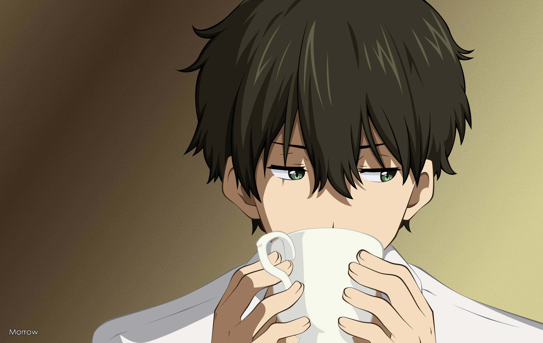 Oreki Houtarou 桌布 壁紙 — 一個年輕的動漫男孩，頭髮凌亂的深色，在溫暖的漸變背景前從白色馬克杯中啜飲。
