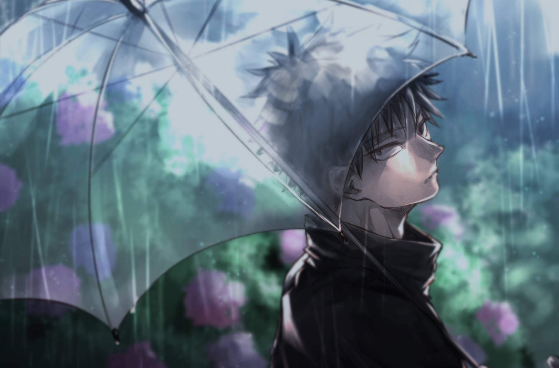 動漫男孩在雨中花園裡拿著透明雨傘，周圍有發光的花朵。 — 咒術迴戰 4K GIF 壁紙