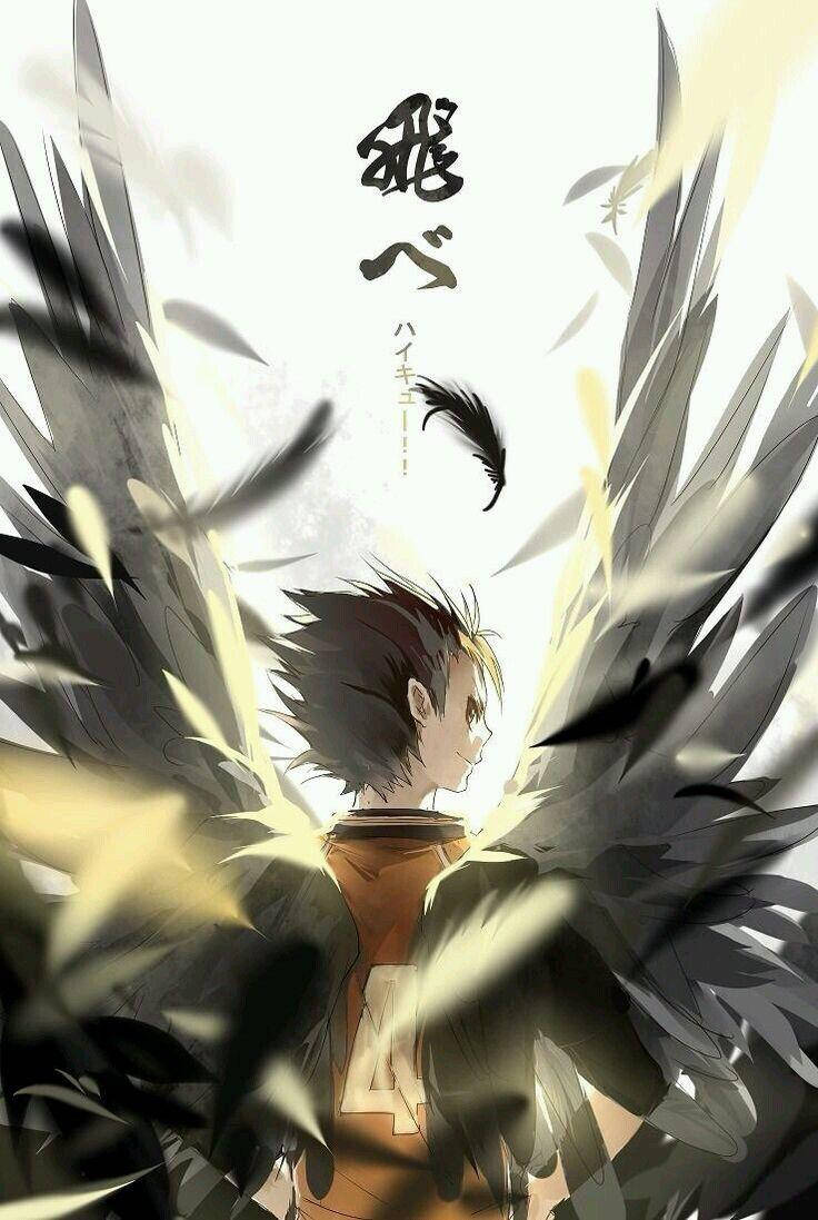 yu nishinoya 桌布 壁紙 — 一個年輕的動漫男孩，頭髮豎起，背光站在發光的羽毛前，周圍漂浮著黑色和金色的羽毛。