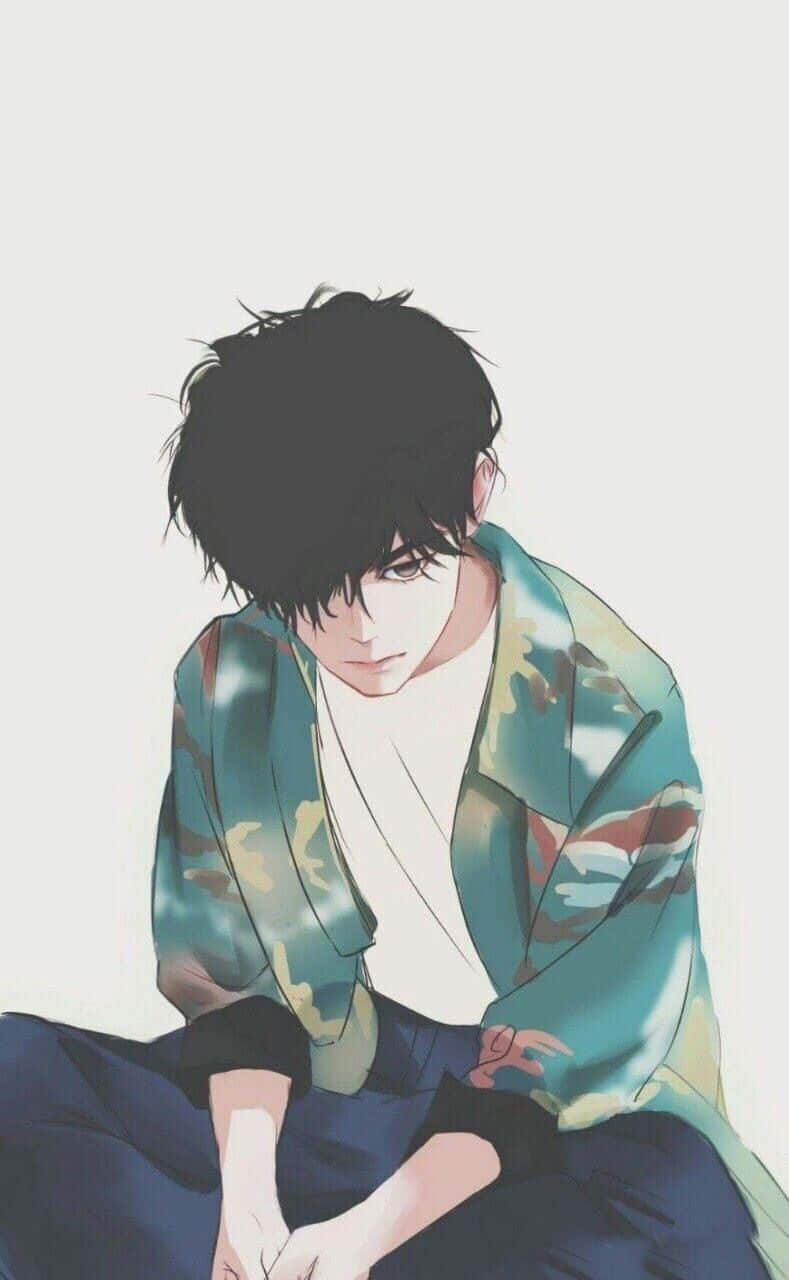 Cute Boy Anime 桌布 壁紙 — 一個年輕的動漫男孩，黑色亂髮，身穿迷彩外套，彎腰坐在素色背景前。