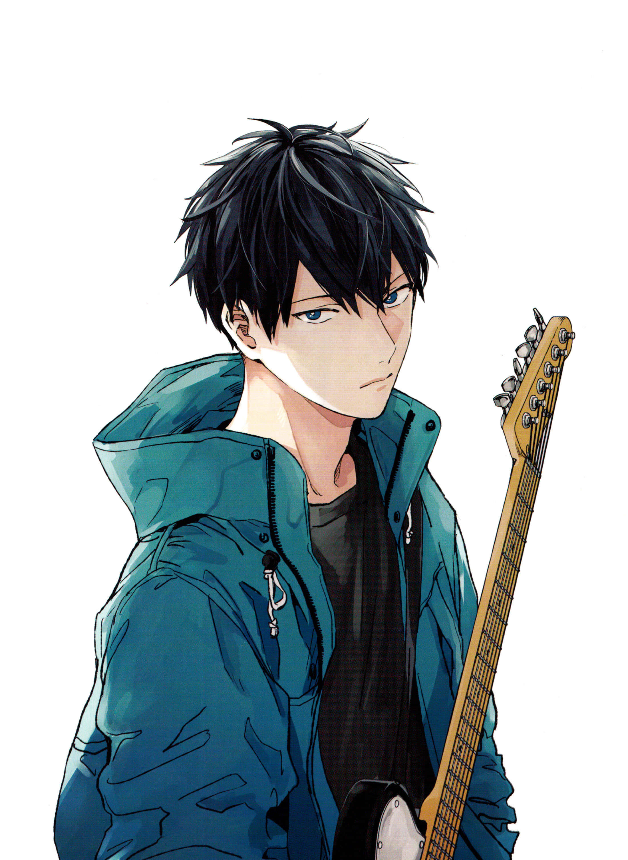 Cute Anime Boy 桌布 壁紙 — 一個年輕的動漫男孩，黑色刺蝟頭，藍色眼睛，穿著青綠色外套，抱著吉他，背景是純白色。