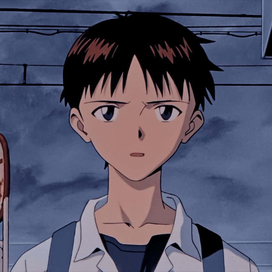 Shinji Ikari 桌布 壁紙 — 一個年輕的動漫男孩，黑色刺蝟頭和藍色眼睛，在佈滿雲層的黃昏天空和電線下專注地凝視。