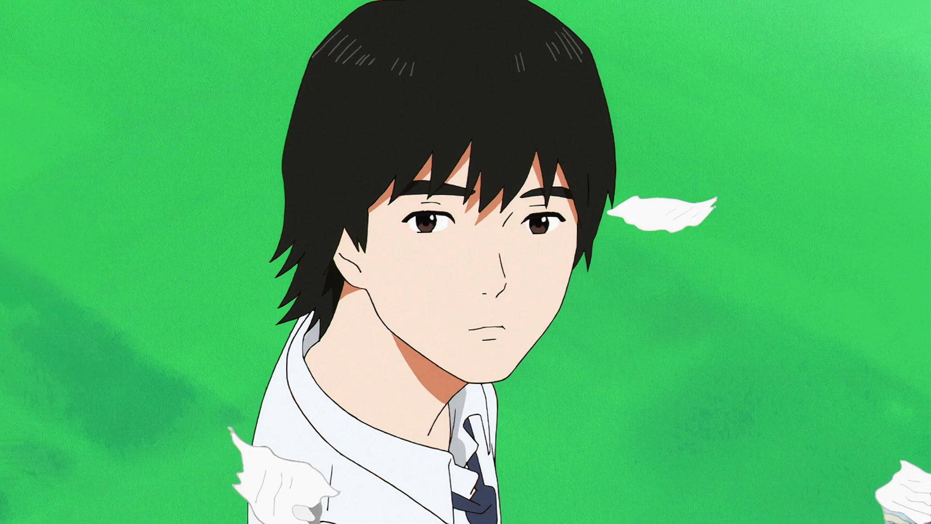 Sonny 桌布 壁紙 — 一個年輕的動漫男孩，黑髮白襯衫，在充滿漂浮白色羽毛的鮮綠色背景前凝視前方。