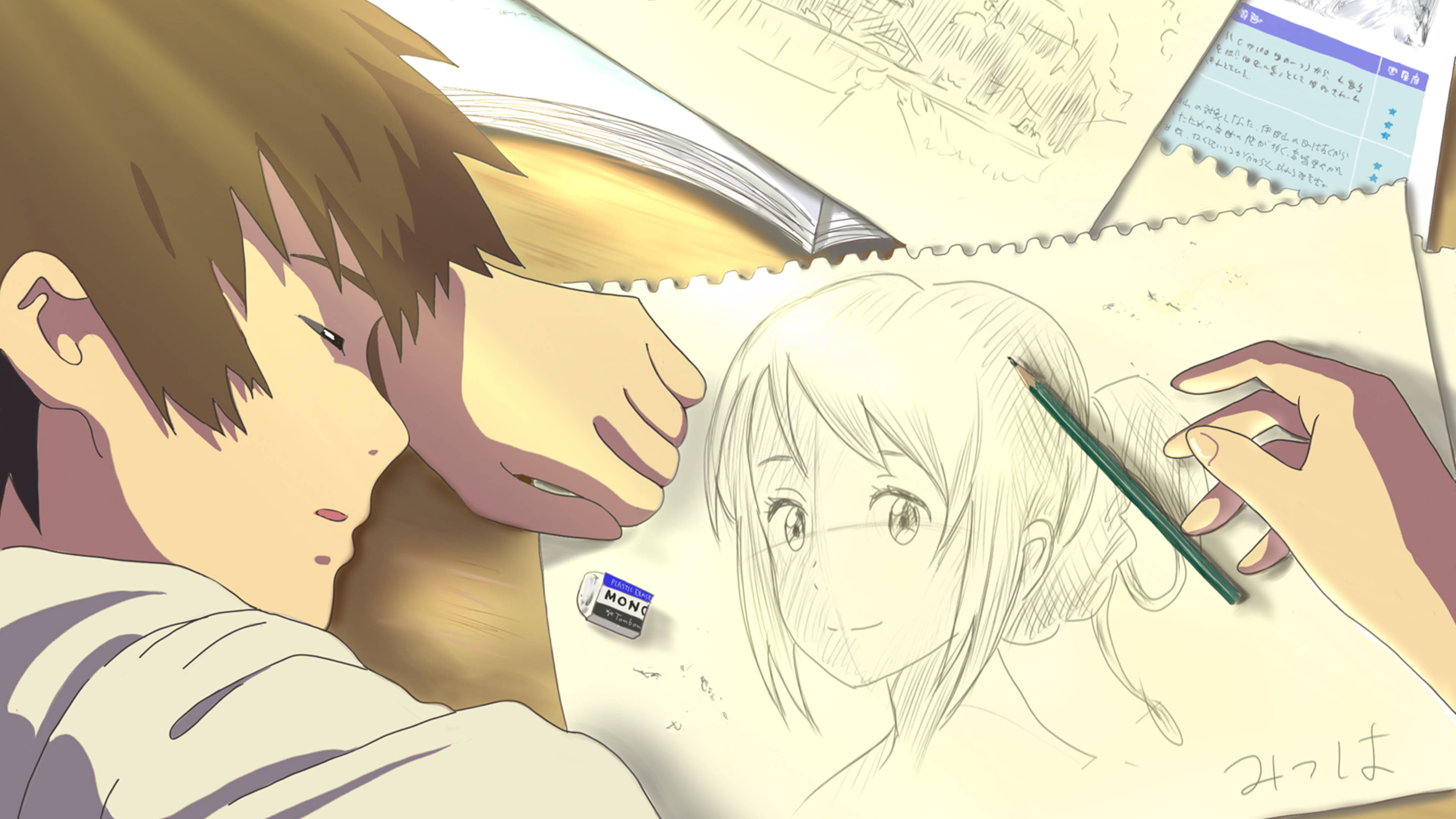 動漫 桌布 壁紙 — 一個年輕的動漫男孩俯身在桌子上用鉛筆素描一個女孩的肖像，周圍是美術用品。