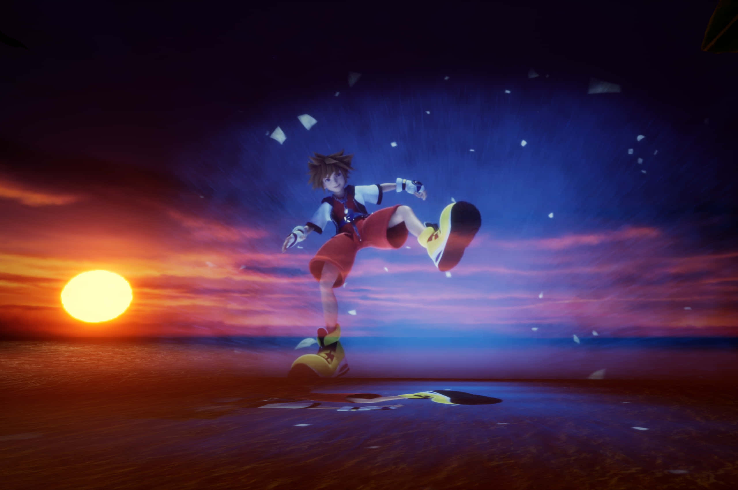 Kingdom Hearts 桌布 壁紙 — 一個年輕的動漫男孩在充滿活力的日落天空下動態跳躍，伴隨著漂浮的碎片和發光的鞋子。