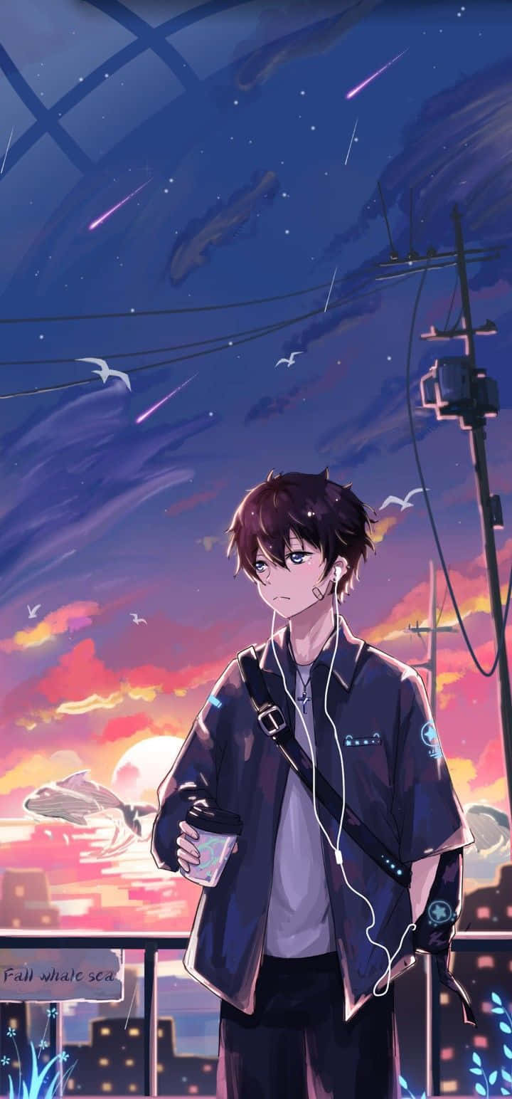 Cute Anime Boys 桌布 壁紙 — 一個年輕的動漫男孩在日落時站在屋頂上，手持飲料，流星劃過充滿活力的暮色天空。
