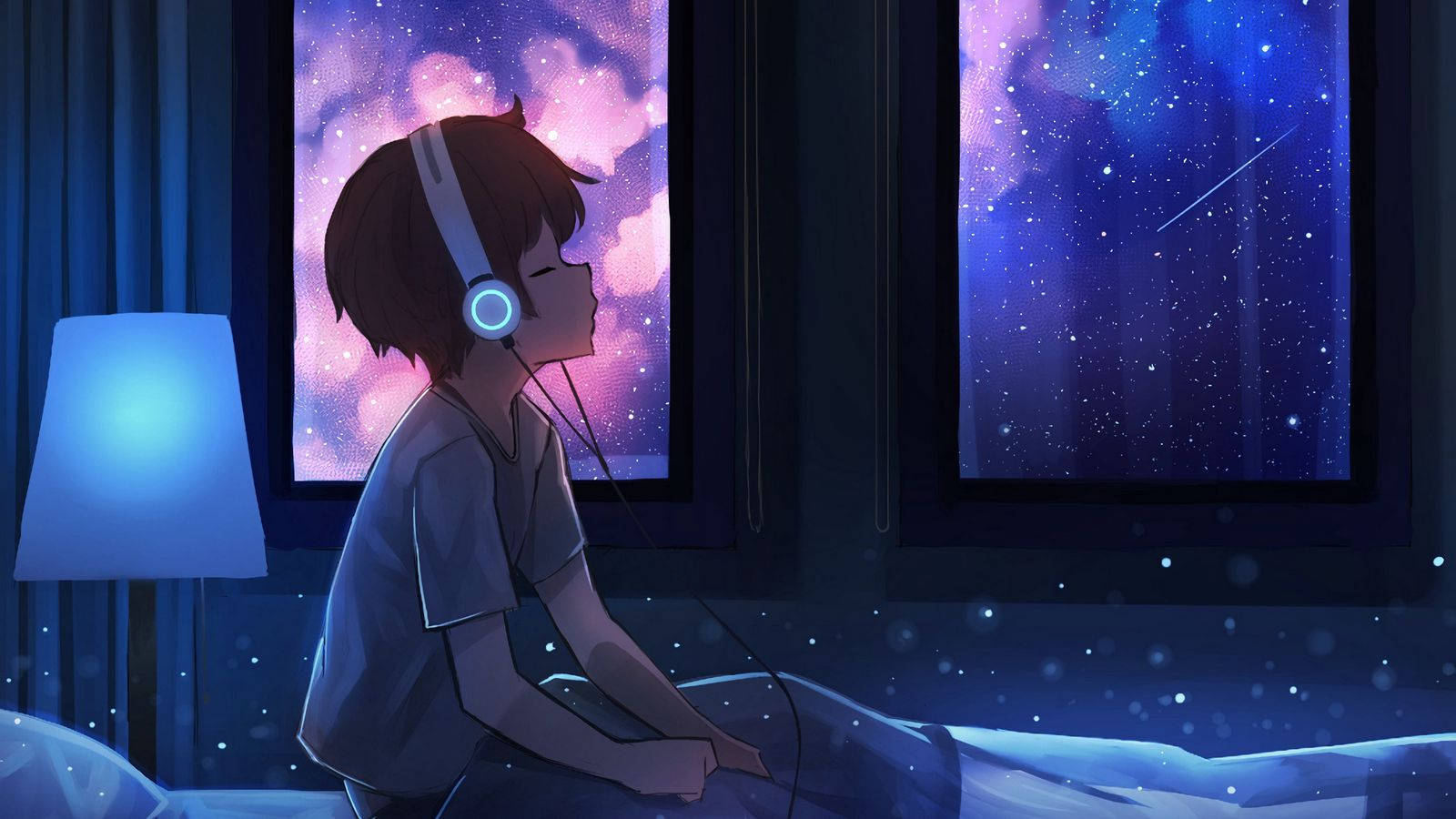 動漫男孩在床上戴著耳機，在星空下聽音樂。 — 單身男孩 壁紙