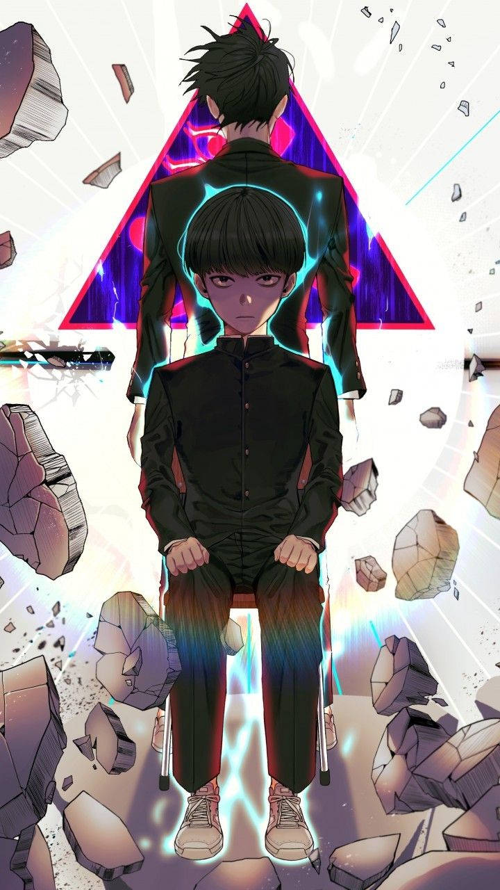 psycho 桌布 壁紙 — 一個年輕的動漫男孩平靜地坐在椅子上，一個發光的三角形和漂浮的岩石環繞著他，營造出超現實的場景。