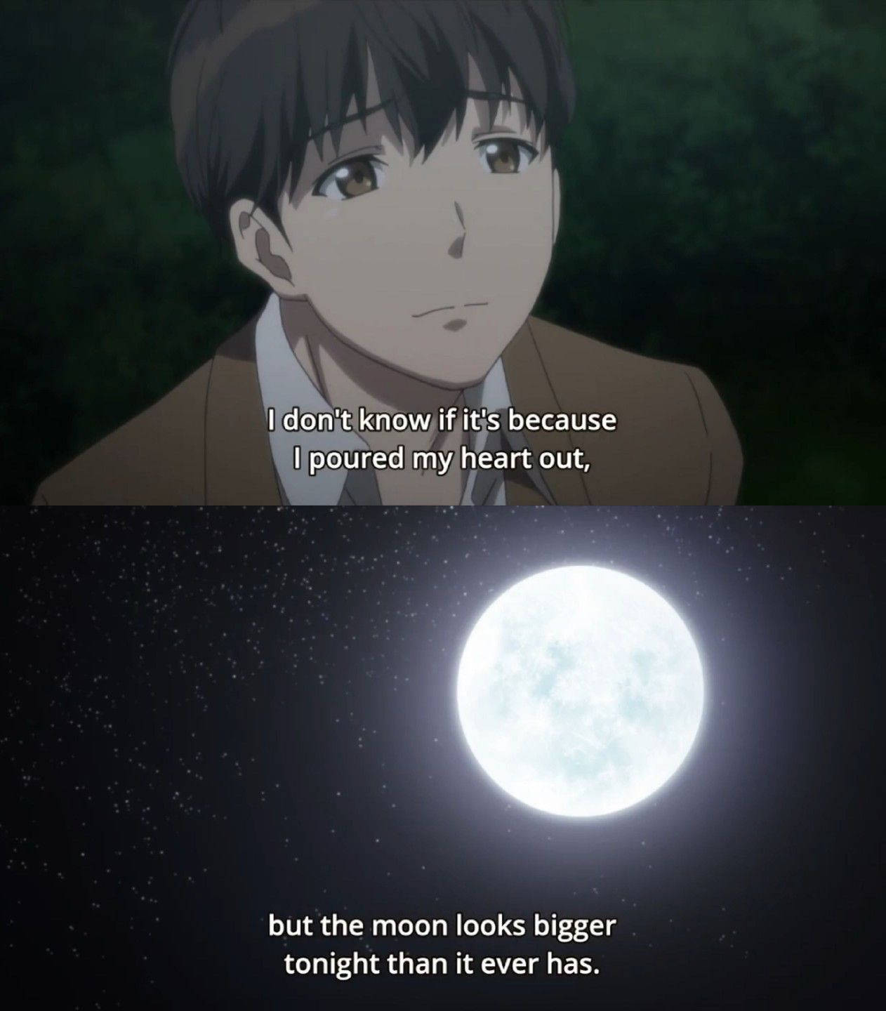 動漫男孩看著星空中明亮的滿月。 — 深色引言 壁紙