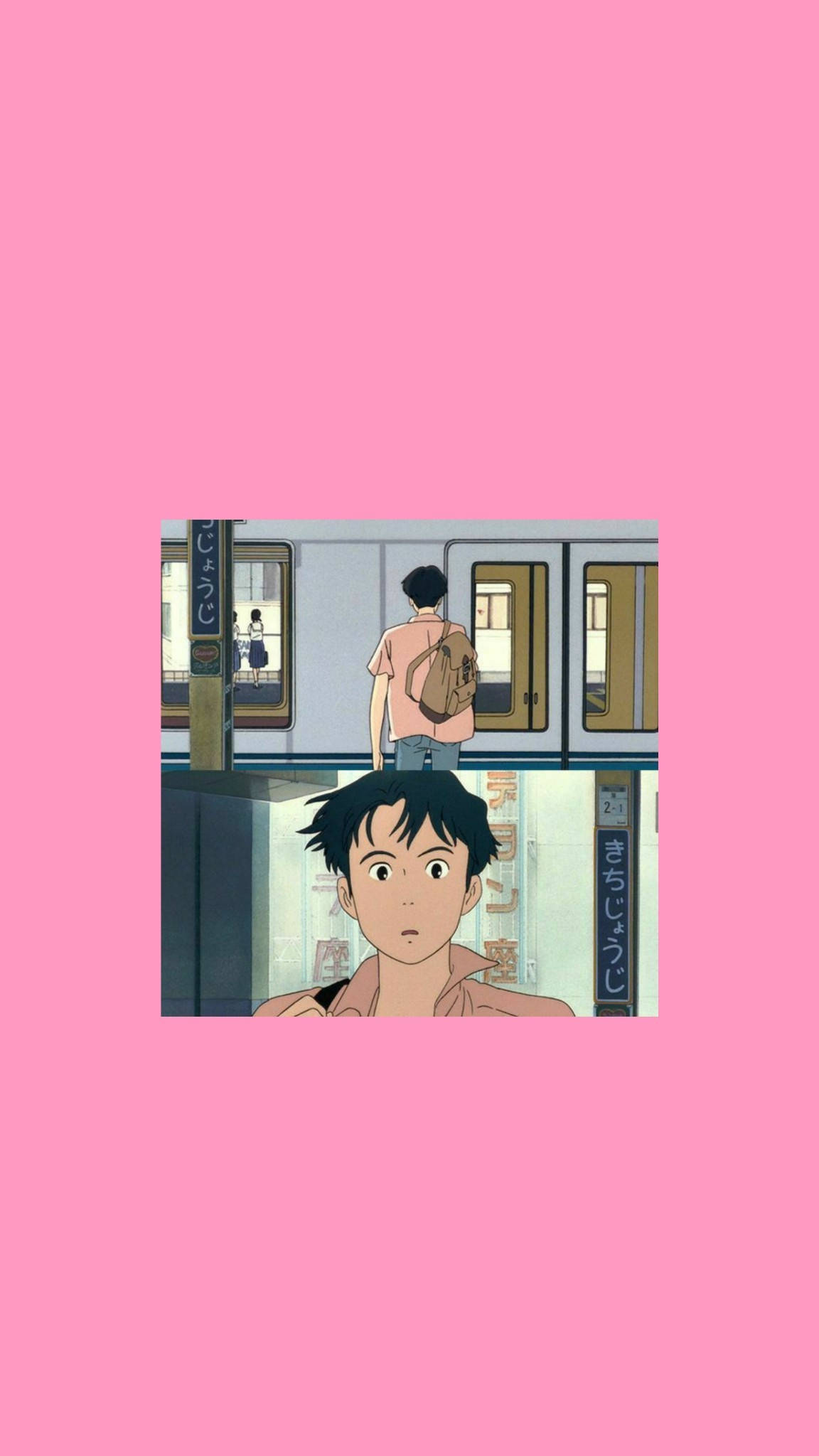 waves 桌布 壁紙 — 一個年輕的動漫男孩抬頭望向火車站月台，那裡有另一個男孩站在經過的火車附近，背景是柔和的粉紅色。