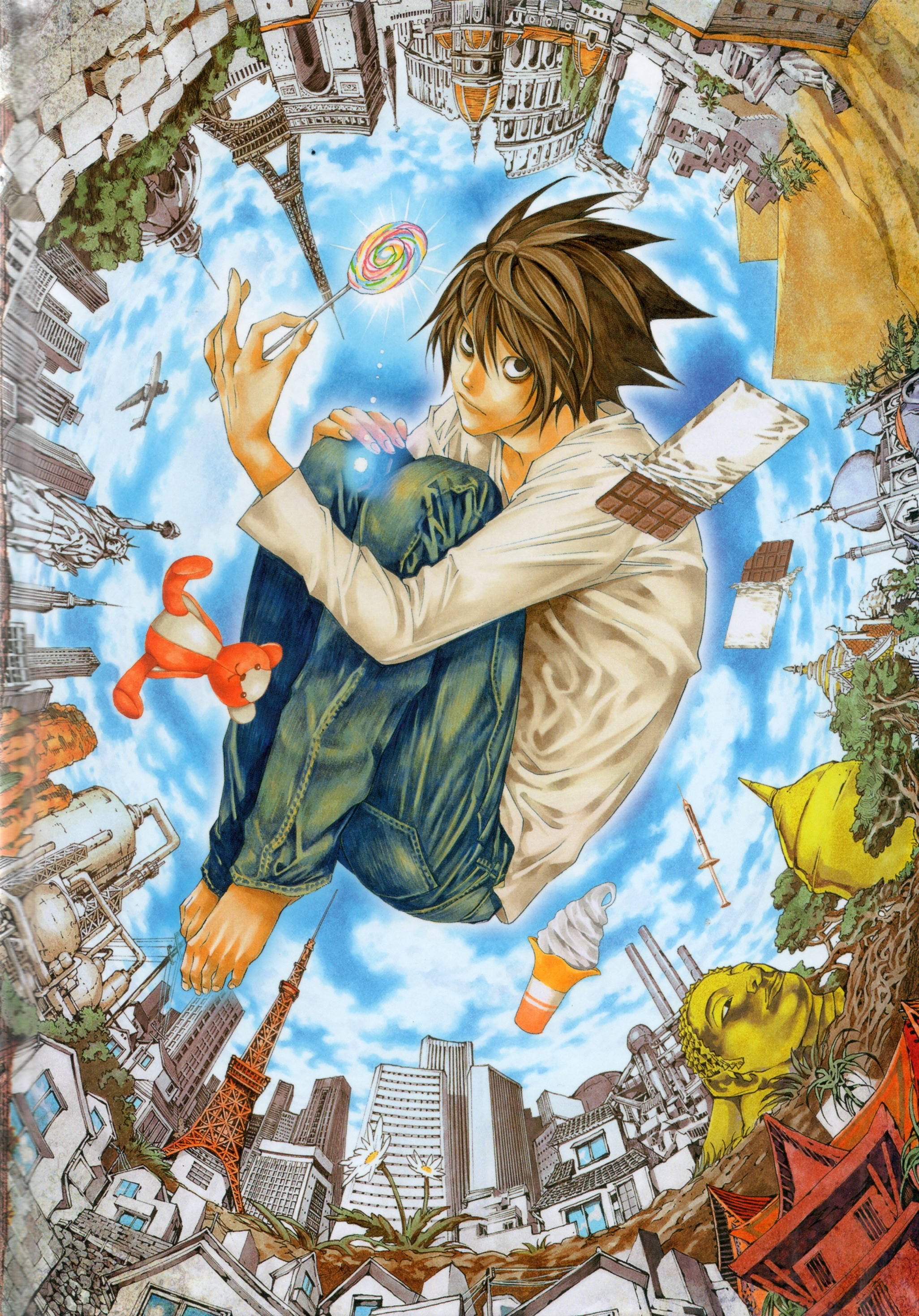 L 桌布 壁紙 — 一個年輕的動漫男孩漂浮在一個超現實的球體中，周圍是漂浮的城市和地標，手持棒棒糖和玩具。