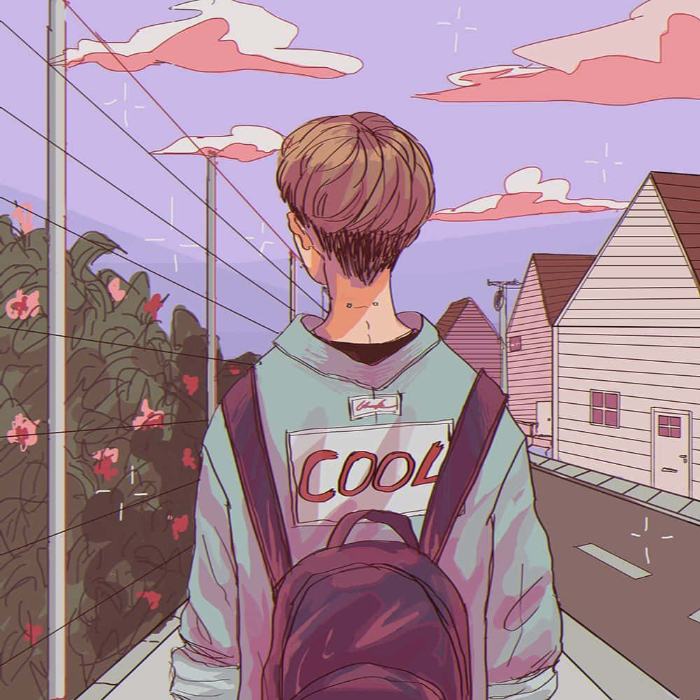 桌布 壁紙 — 一個年輕的動漫男孩穿著『COOL』連帽衫，在粉紫色天空和粉紅雲朵下的郊區街道上行走。