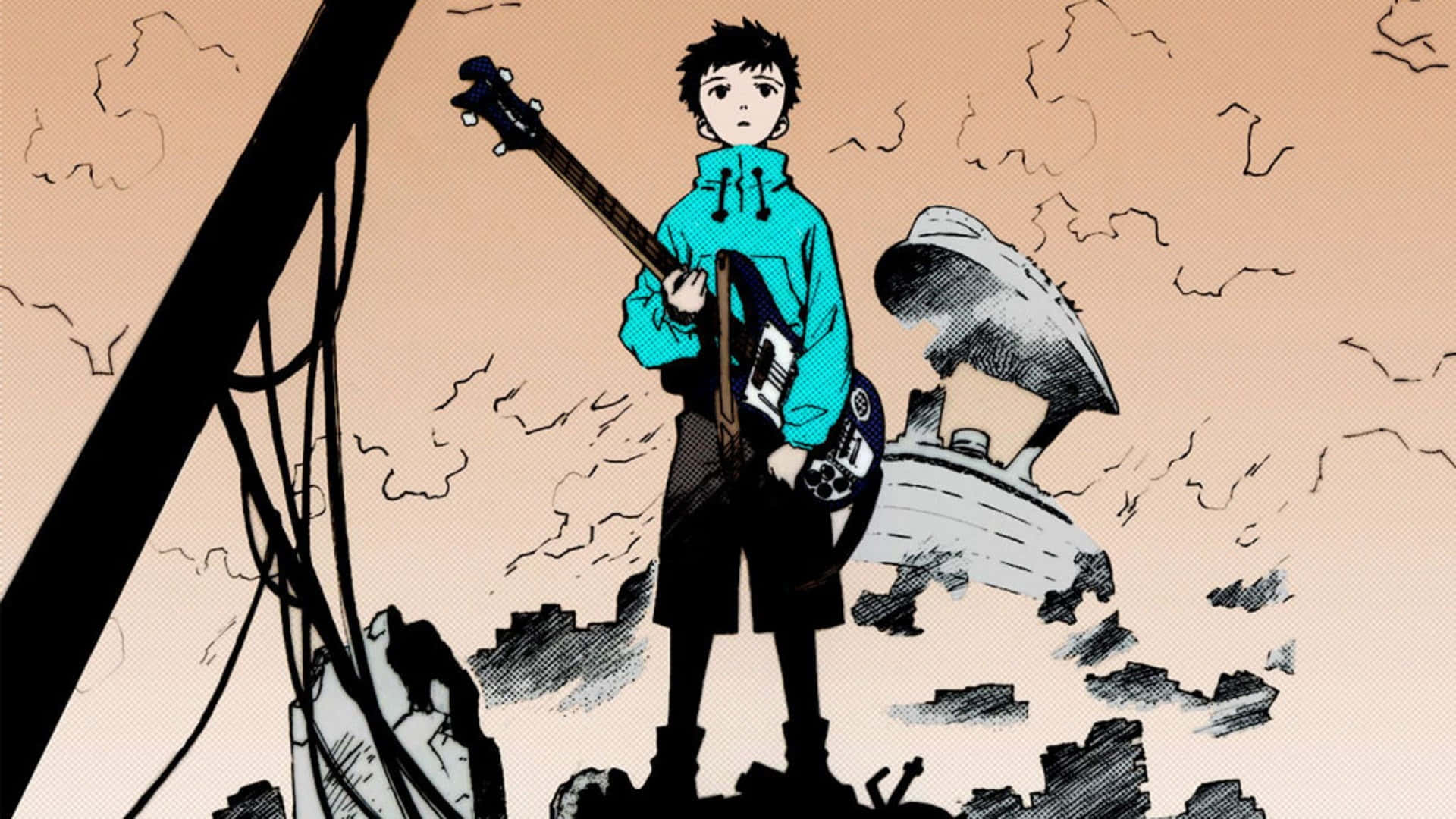 Naota Nandaba 桌布 壁紙 — 一個年輕的動漫男孩穿著青綠色外套，在朦朧的天空下，站在瓦礫和破損建築物中，手持低音吉他。