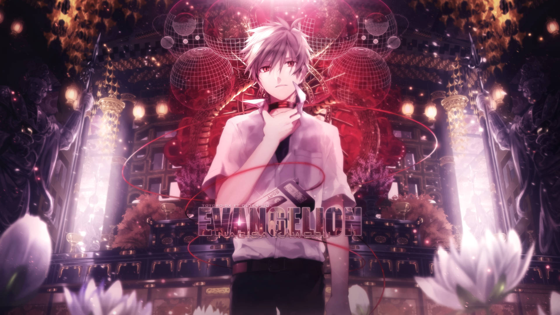 kaworu nagisa 桌布 壁紙 — 一個年輕的動漫男孩站在一個豪華、閃爍的夜總會裡，有迪斯科球和白色花朵，沐浴在紅色和紫色的燈光中。