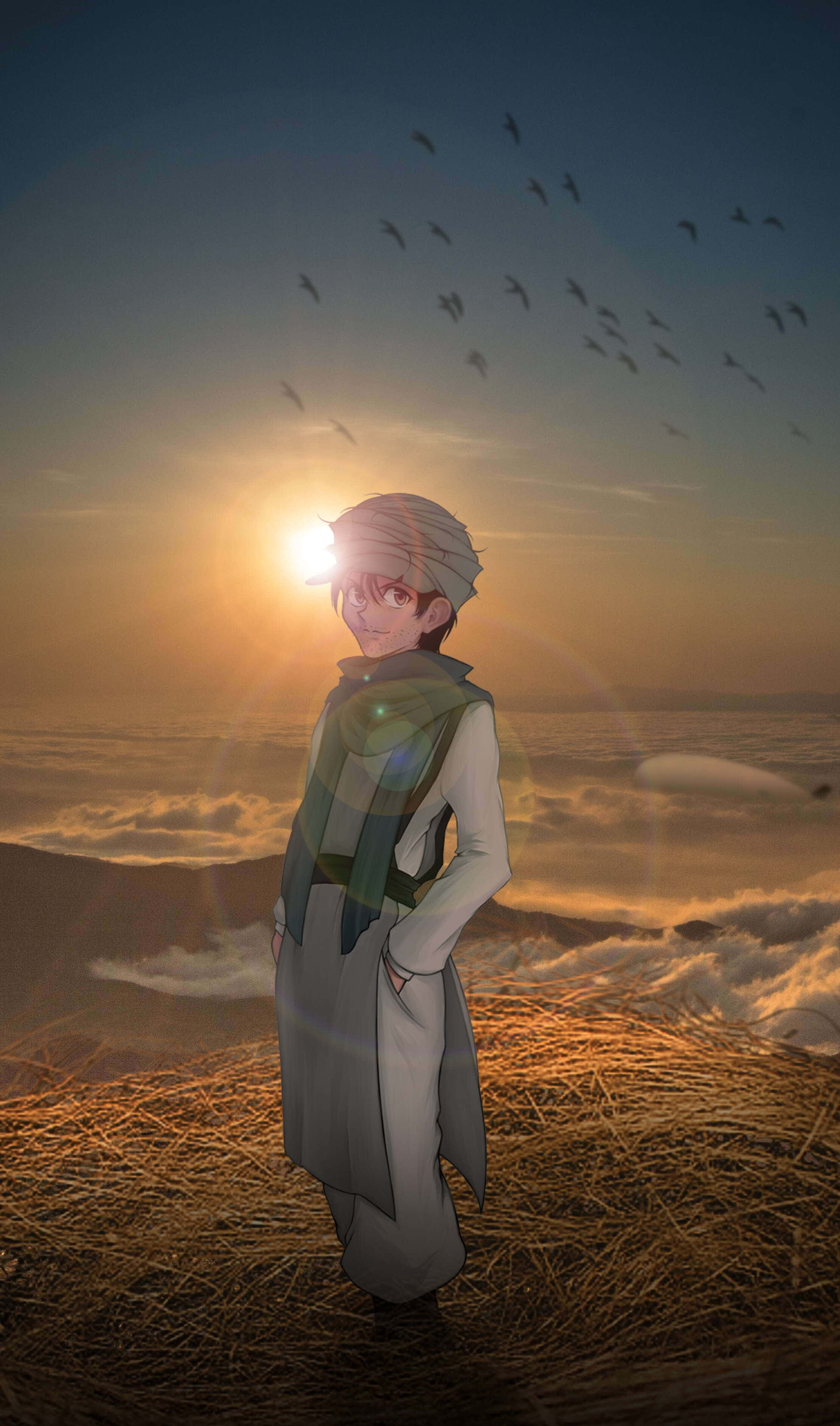 Ging Freecss 桌布 壁紙 — 一個年輕的動漫男孩站在夕陽下的乾草捆上，看著鳥兒飛翔，金色的光芒沐浴著下方的雲層。