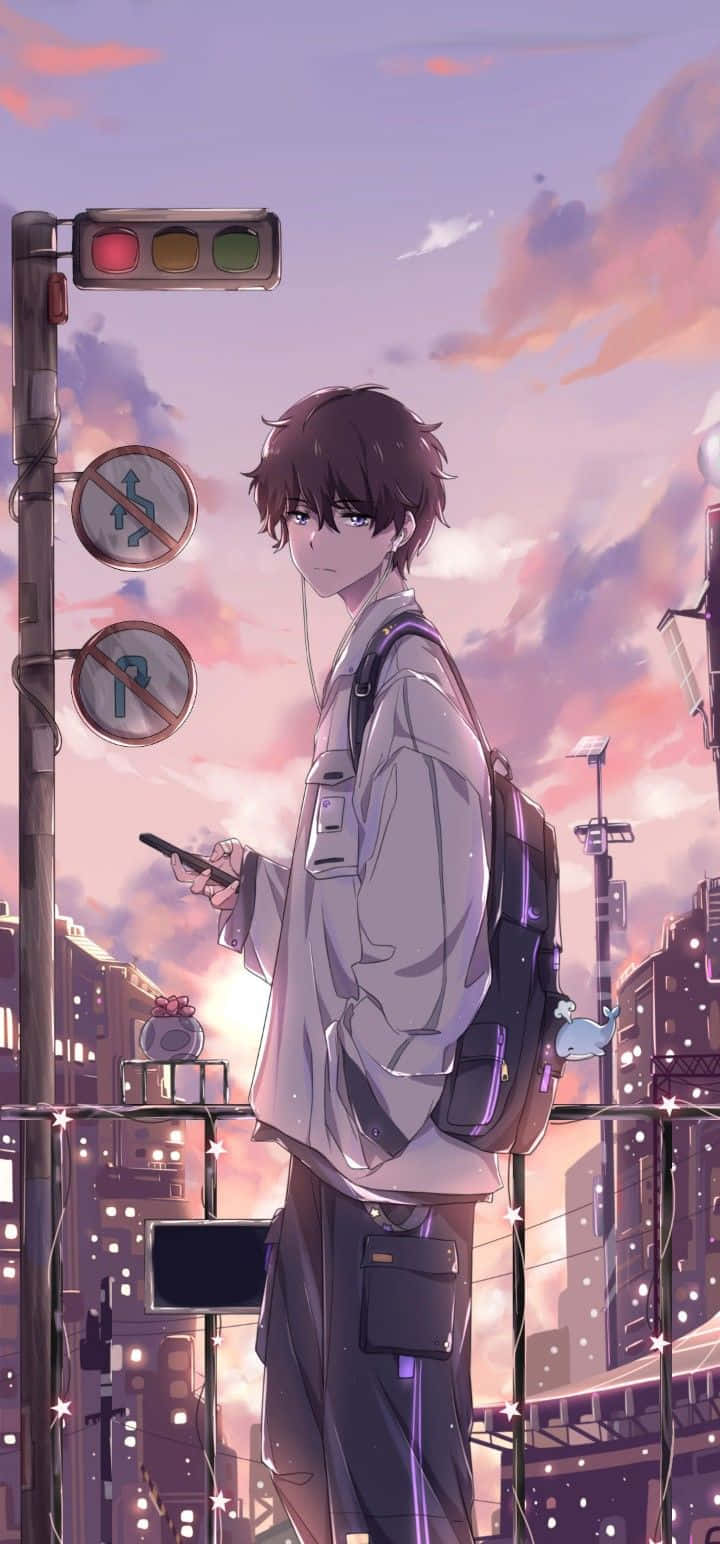 動漫 桌布 壁紙 — 一個年輕的動漫男孩背著背包站在城市街角，在粉彩夕陽天空下，在交通號誌附近拿著手機。