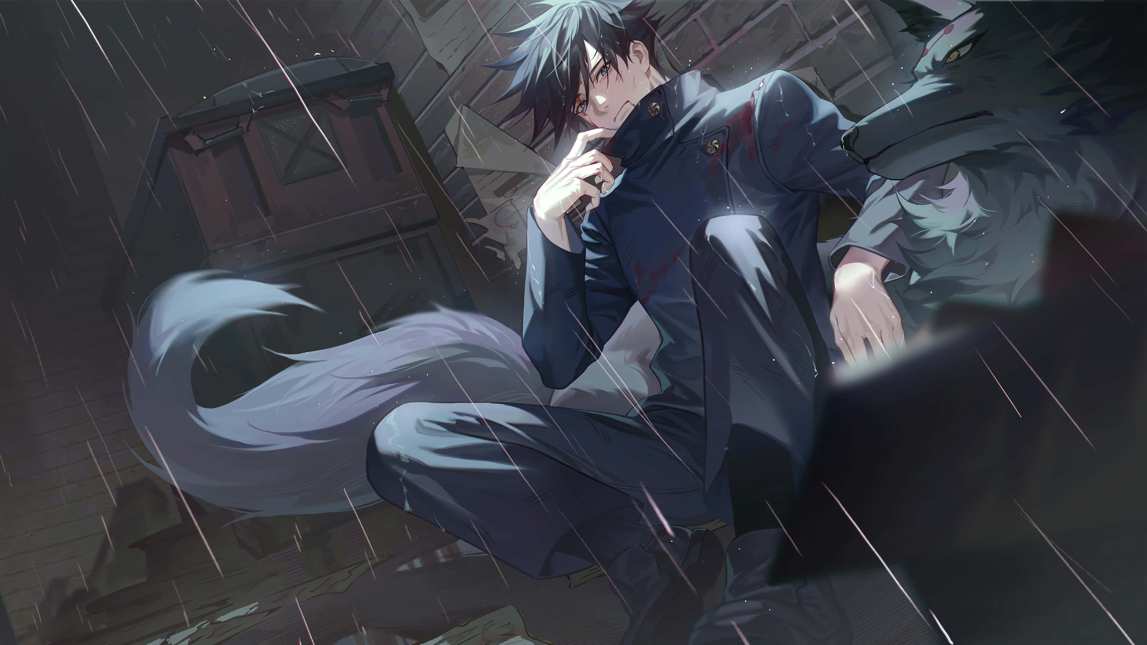 Cool Anime Wolf 桌布 壁紙 — 一個年輕的動漫男孩與狼同伴坐在雨中，周圍是破碎的木頭碎片，在傾盆大雨中顯得沉思。