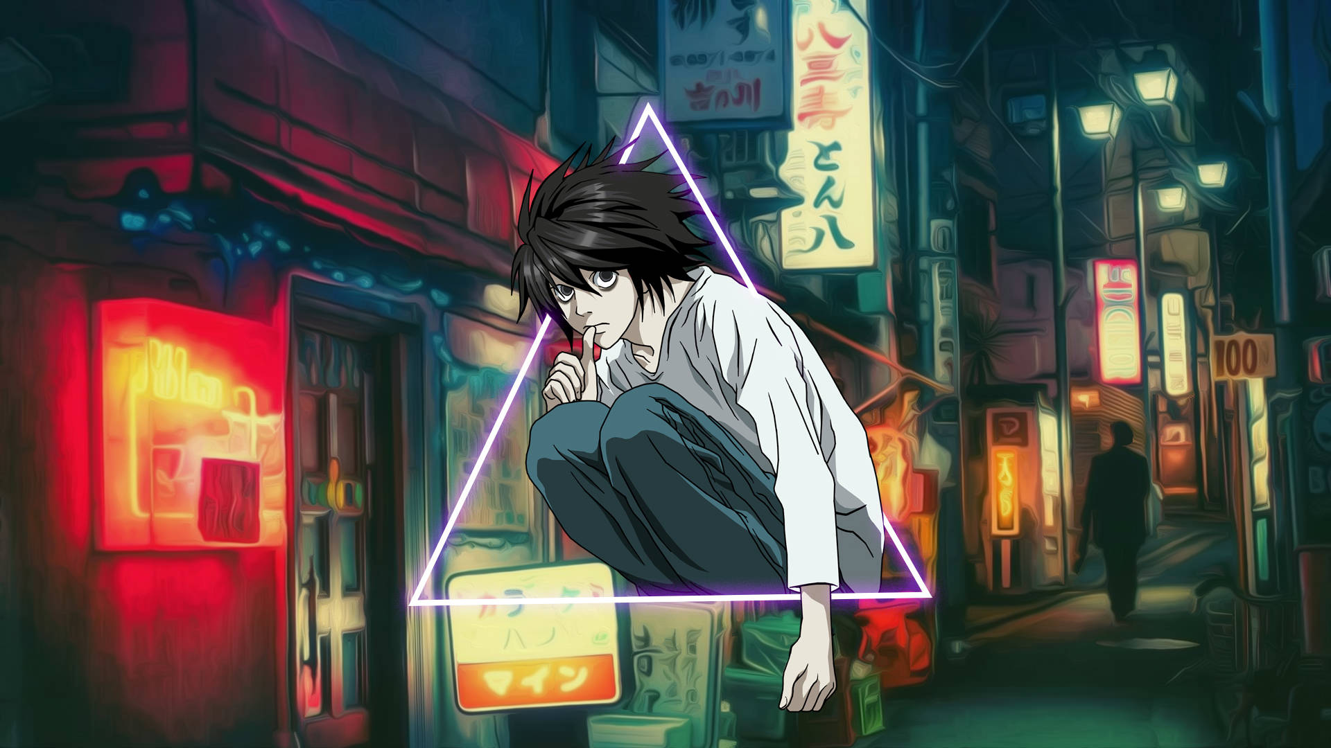 L 桌布 壁紙 — 一個年輕的動漫男孩蹲在霓虹燈照亮的日本小巷中，被一個發光的三角形框住，周圍是發光的招牌和路燈。