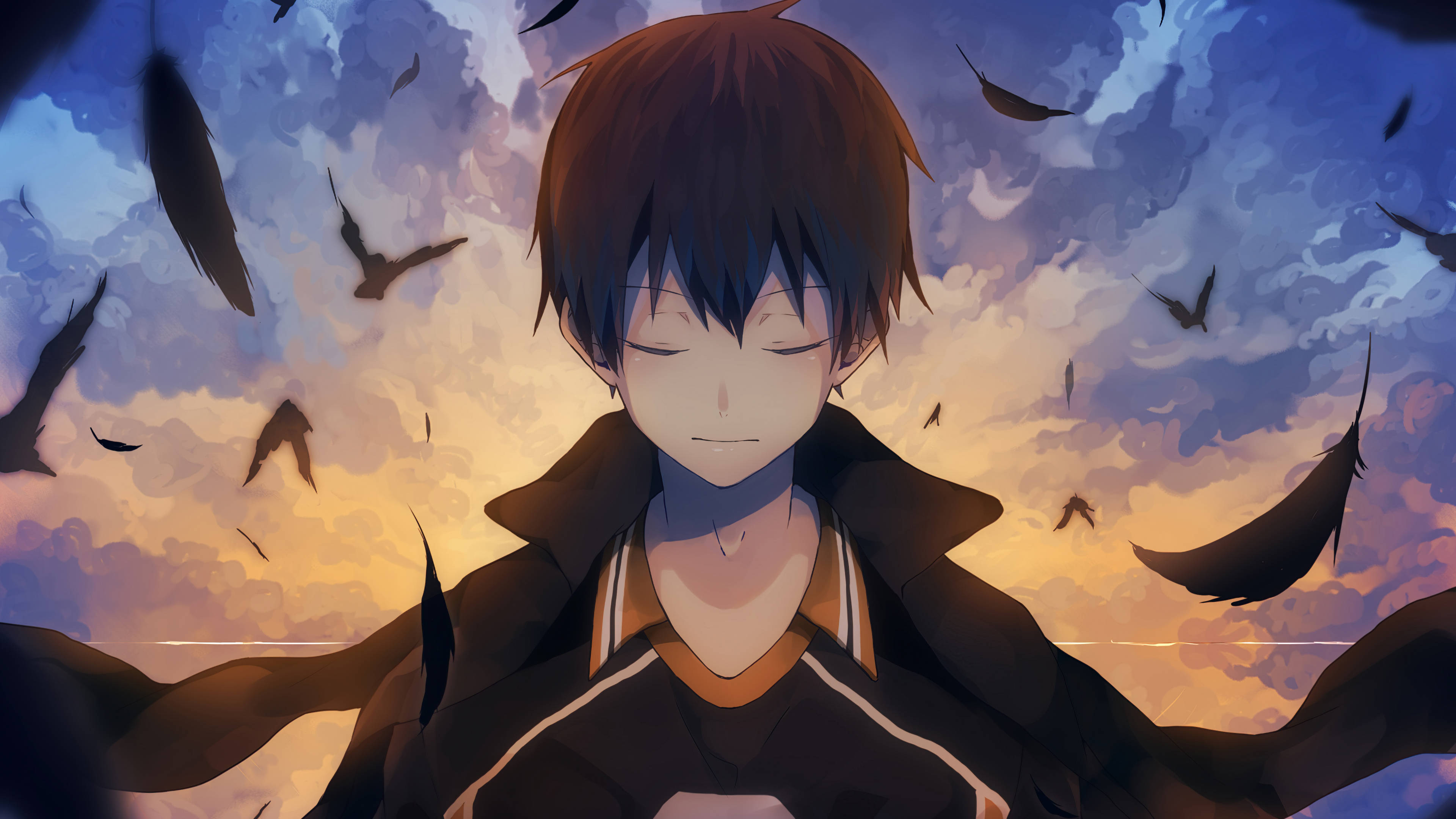 Kageyama 桌布 壁紙 — 一個年輕的動漫男孩閉著眼睛，在暮色天空下，黑色羽毛在他周圍旋轉，他靜靜地站著。