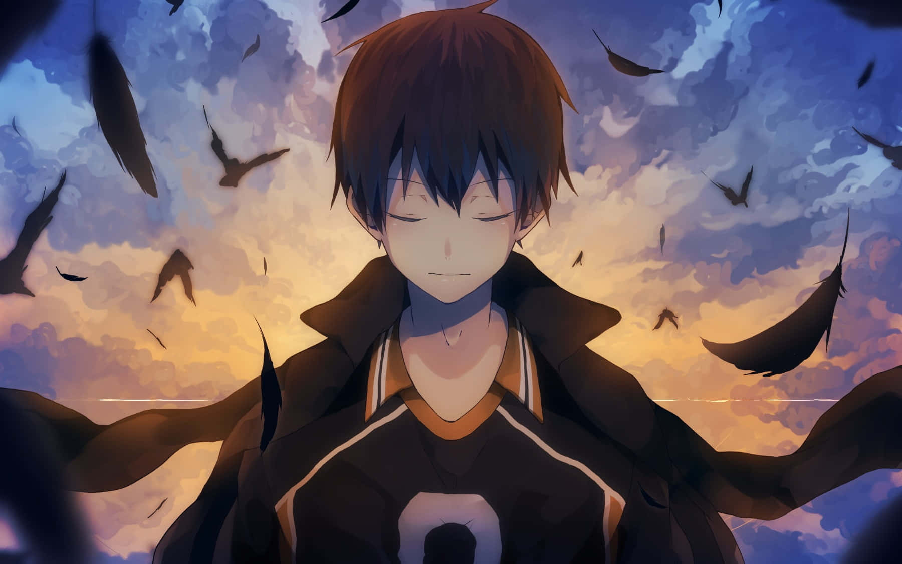 Daichi Sawamura 桌布 壁紙 — 一個年輕的動漫男孩閉著眼睛平靜地站著，羽毛和鳥兒在他周圍旋轉，映襯著充滿活力的日落天空。