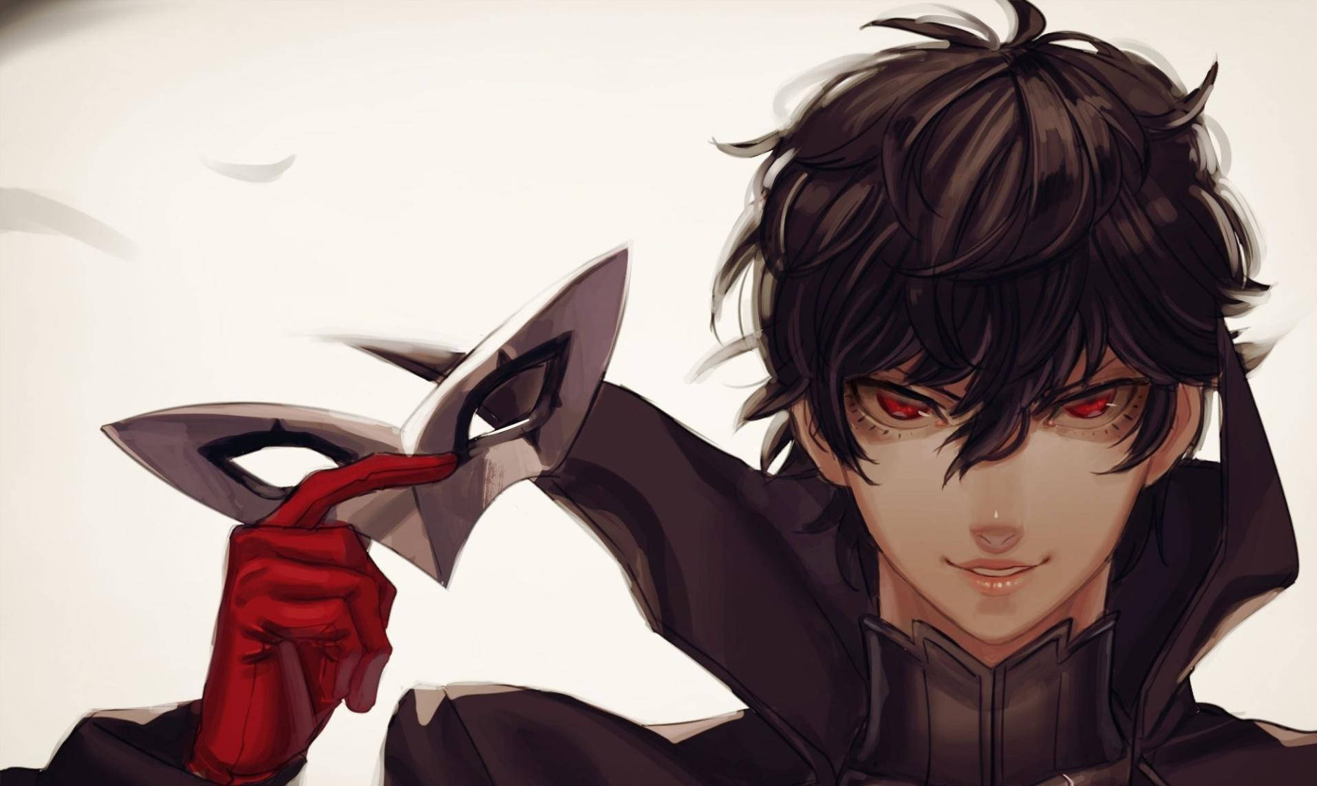 ren amamiya 桌布 壁紙 — 一個年輕的動漫男性，紅眼睛，黑頭髮，戴著紅色手套的手拿著一個銀色面具，背景是柔和的白色。