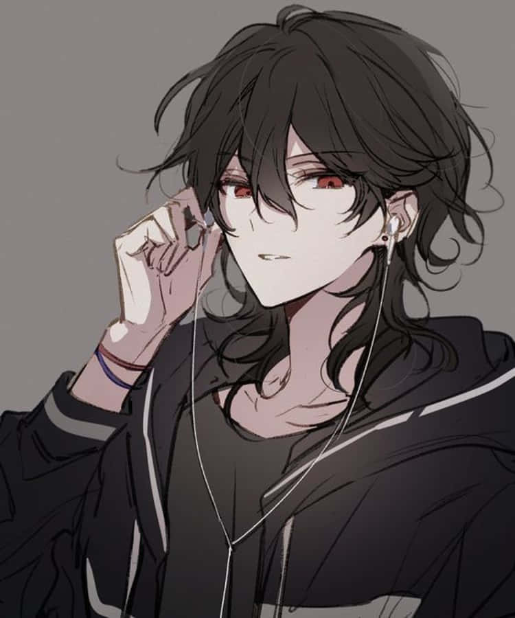 Discord Anime Pfp 桌布 壁紙 — 一個年輕的動漫男性，黑髮紅眼，戴著白色耳機聽音樂，身穿黑色連帽衫。