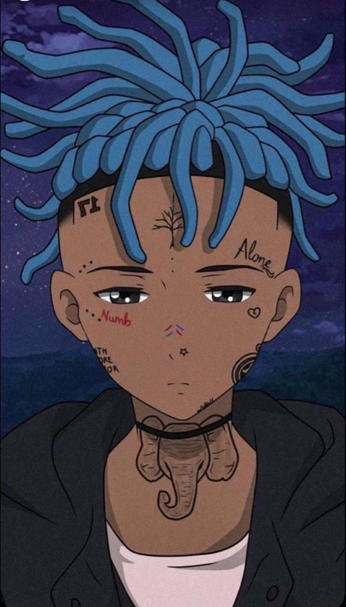 xxxtentacion 動畫 桌布 壁紙 — 一個年輕的動漫角色，擁有充滿活力的藍色辮子和臉部紋身，在繁星點點的夜空下莊嚴地凝視。